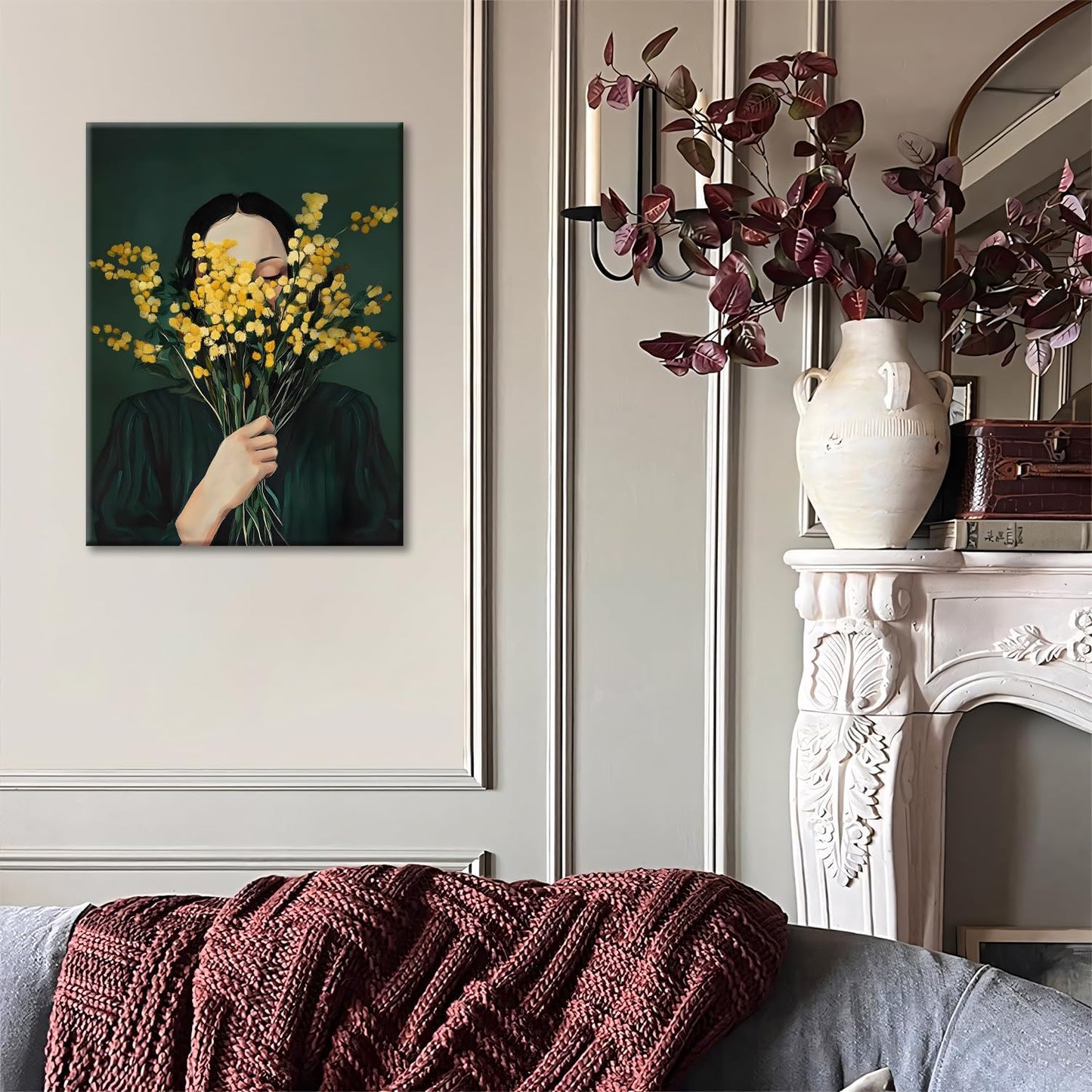 Green Abstract Woman Wall Art, Minimalist Figurative Oil Painting of Woman Holding Yellow Mimosa Flowers, Modern Boho Neutral Canvas Print for Living Room Bedroom Decor Framed 12x16in