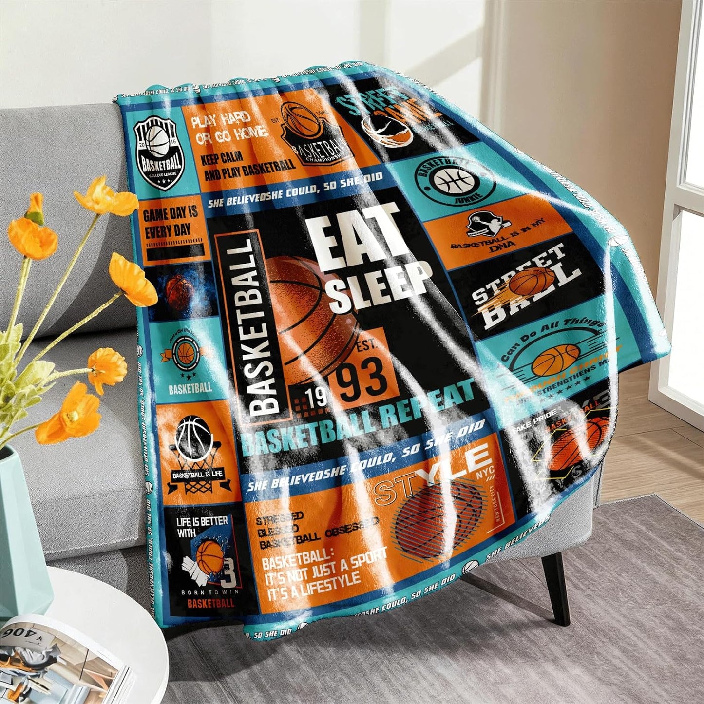 Basketball Throw Blanket 60 x 50 – Soft Flannel Fleece Sports Room Decor for Boys & Girls, Teen Collage Poster Style, Cozy Couch/Bed Throw, Machine Washable Gift for Basketball Fans