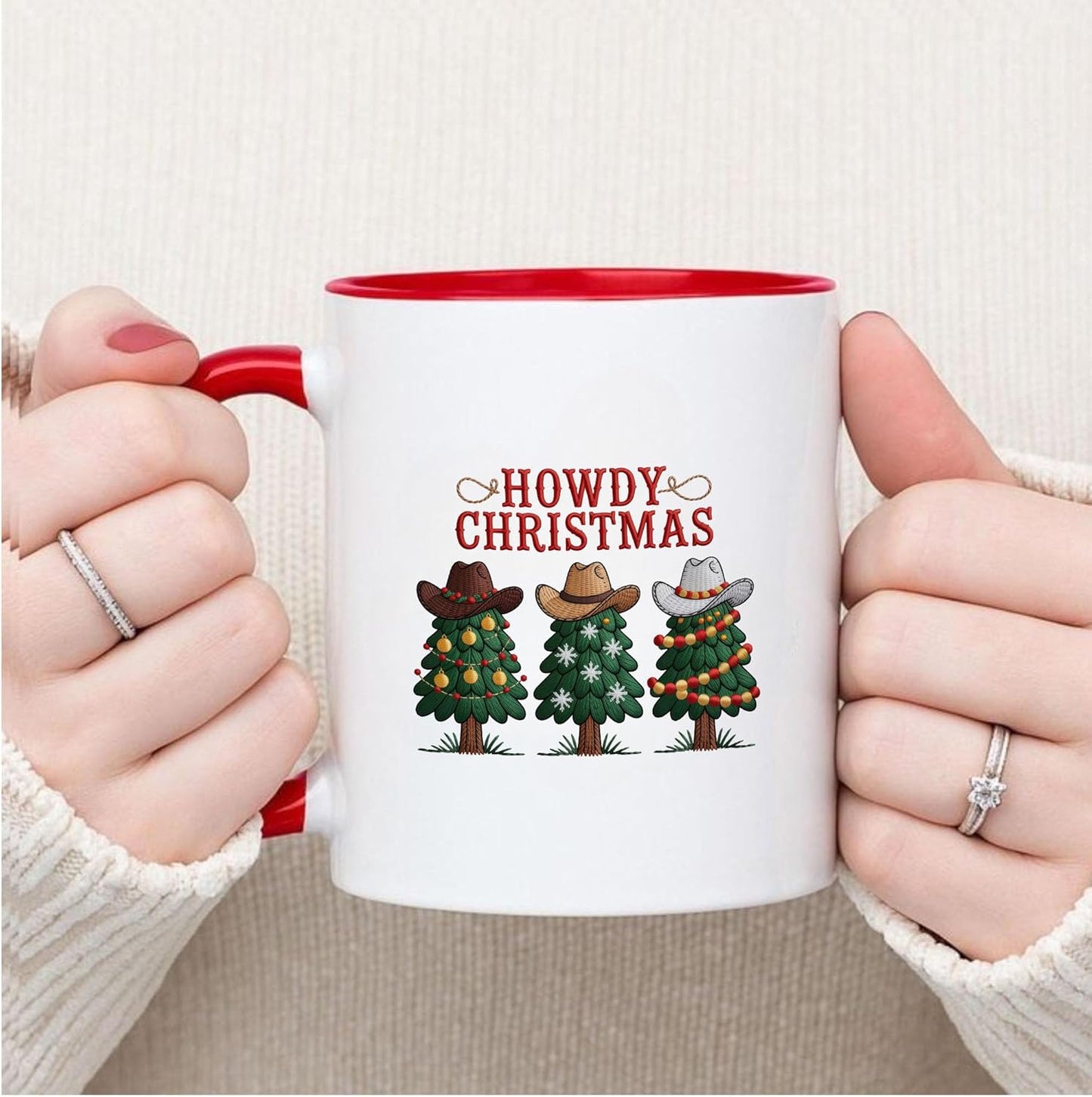 Howdy Christmas Tree Wearing Cowboy Hat Funny Two-Tone Accent Mugs, 11oz 15oz Drinking Cups, Kitchen Décor, Gifts For Book Lovers