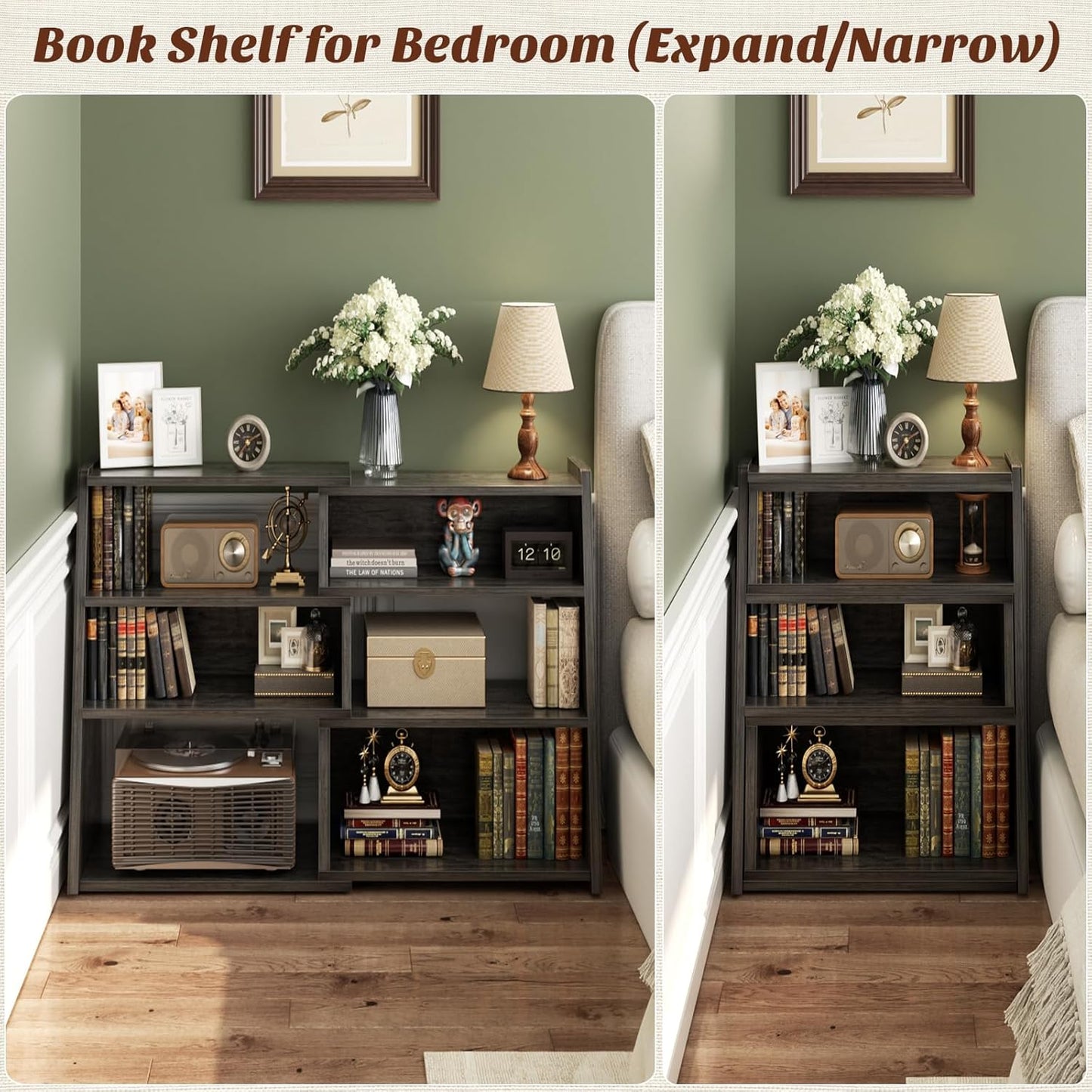 Armocity Expandable Bookshelf, Short Corner Bookshelf for Small Spaces, Small Ladder Book Shelf, Extendable Wood Narrow Bookcase for Living Room, Bedroom, 4 Tier, Grey Oak