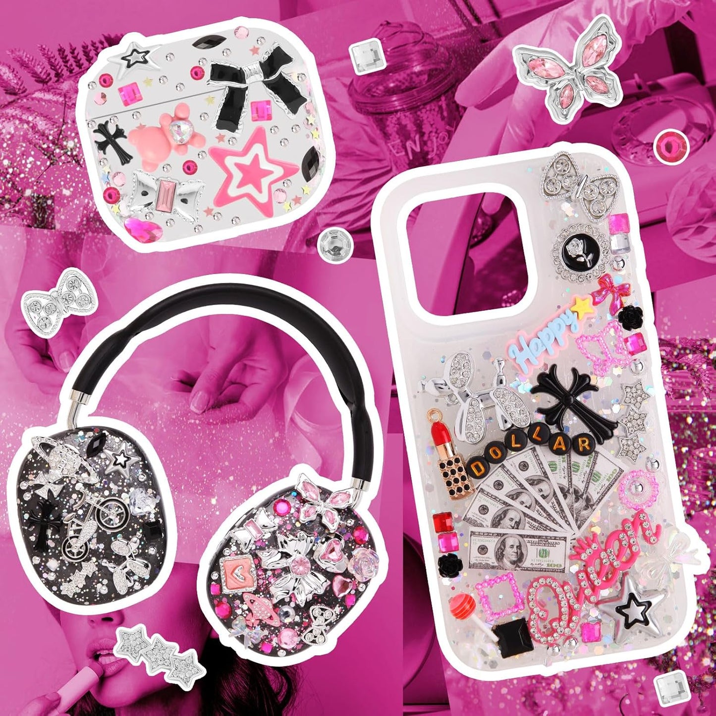 EIiovcnya 2380 Pcs Junk Phone Case Charms Kit, Charms for Customizing DIY Cases, with Nail Accessories, Cute Bow, Star, Candy, Letter Beads, Flatback Aesthetic Big Decor Easter Basket Stuffers Gift