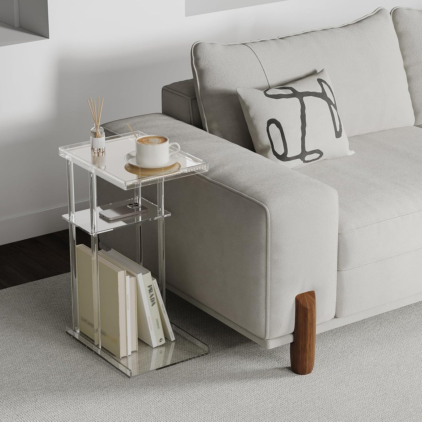 HMYHUM 3-Tier Acrylic Rattan Side Table for Small Spaces, Clear C Shaped End Table for Couch, Living Room, Bedroom, 15.5''L x 11.6''W x 25''H, Modern