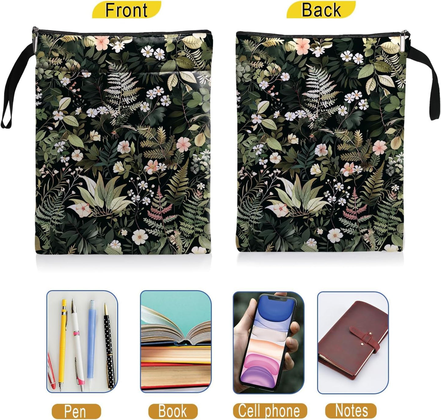 Green Leaf Pattern Book Sleeve, Book Lovers Gifts Waterproof Book Cover for paperbacks with Zipper and Front Pocket Book Pouch for Girl Best Friend Birthday Graduation Christmas Gifts