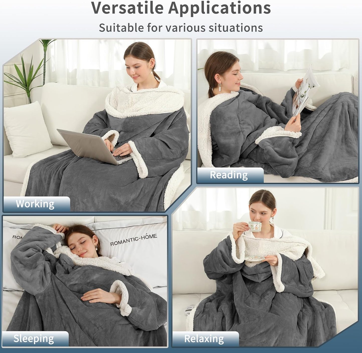 ESTINGO Wearable Electric Throw Heated Blanket with Foot Pocket, Heated Electric Blanket with Sleeves, 6 Heating Levels and 1-4H Timer, Heated Hoodie Women for Mom Grandma 50"×70" Grey