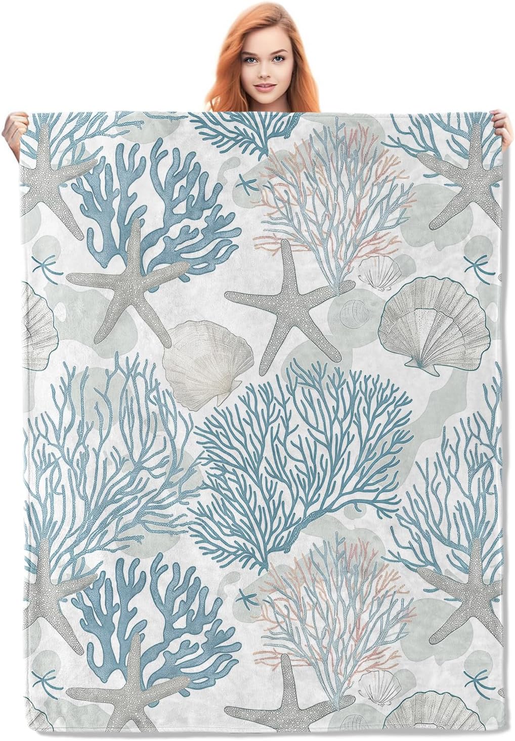 Nautical Coastal Blanket Gifts for Adults Women Girls Soft Warm Lightweight Cozy Plush Starfish Seashell Coral Beach Throw Blankets Sea Ocean for Bed Living Room Sofa Home Decor 60"x50"