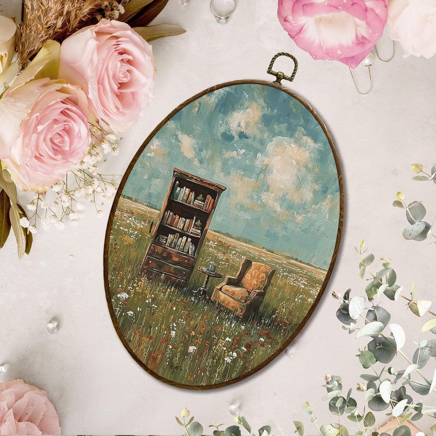 JQF Vintage Whimsical Book Lover Oval Wall Art, Book Reading Oval Canvas Wall Art, Retro Bookish Aesthetic Library Framed Prints Hanging Decor for Reading Room Bedroom Home, 8.5x11.5 Inch