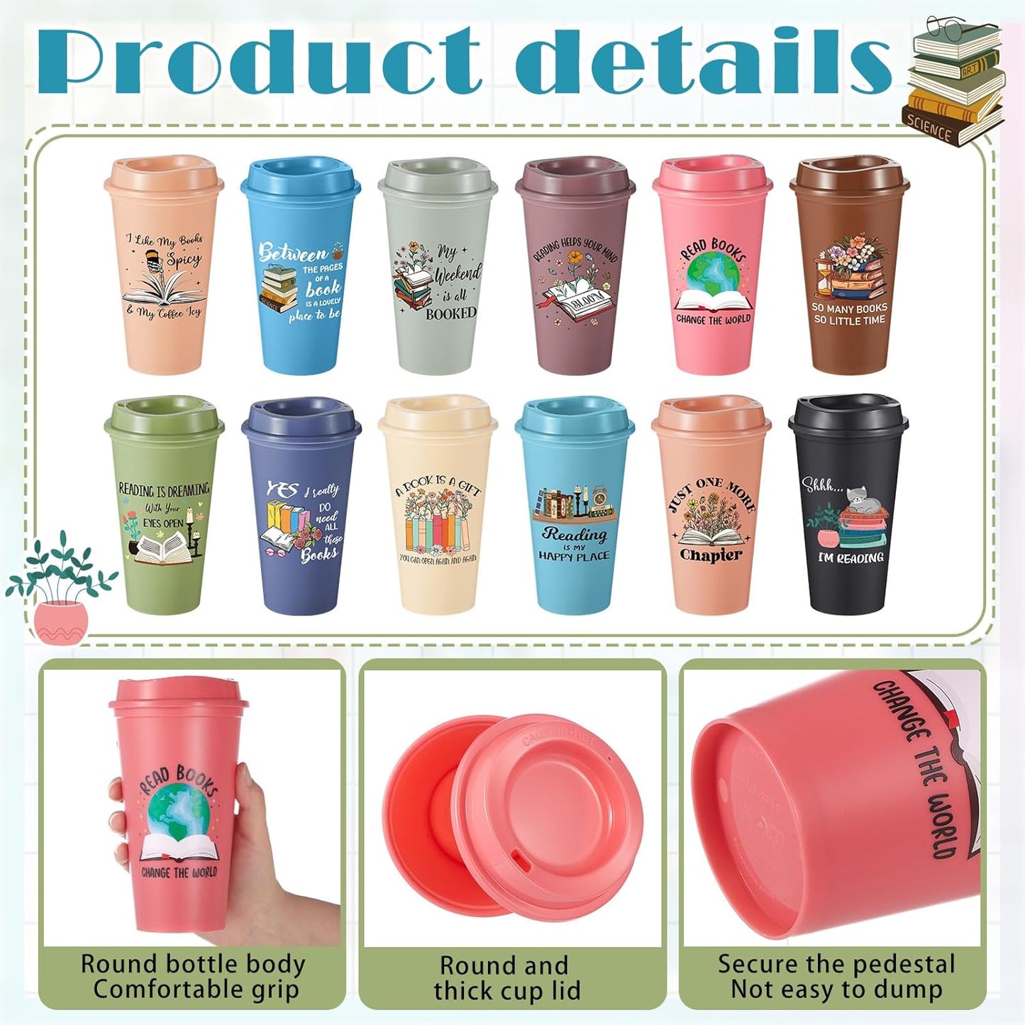 12 Pcs Book Lovers Gifts Bulk, 16oz Library Reading Theme Coffee Cups with Lids, Book Club Appreciation Gifts for Bookish Teacher Students Employee (Morandi)
