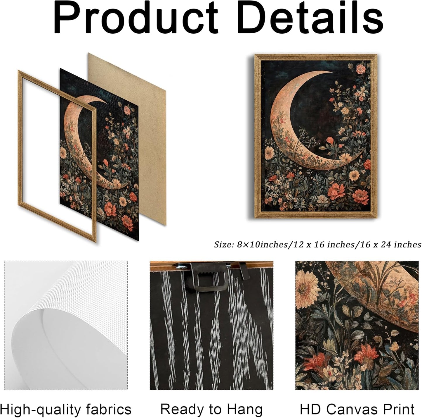 Palette Dreams Wood Framed Crescent Moon Wall Art with Vintage Floral Design, Wall Decor Art Print, Fade Resistant Canvas, Easy to Hang, for Bedroom Living Room Home Office Decor, 12x16 Inches