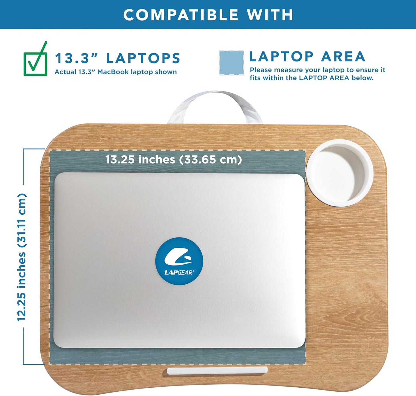 LAPGEAR Cup Holder Lap Desk with Device Ledge - White Oak Woodgrain - Fits up to 14 Inch Laptops - Style No. 46329