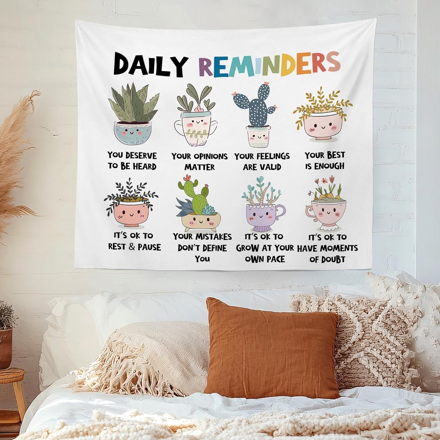 MNOSAIOO Mental Health Floral Wall Tapestry Hanging for Classroom Kids, Daily Reminders Tapestry, Inspirational Cute Cacti Tapestries Wall Decor for Bedroom Therapy Office School Counselor 60x50 inch