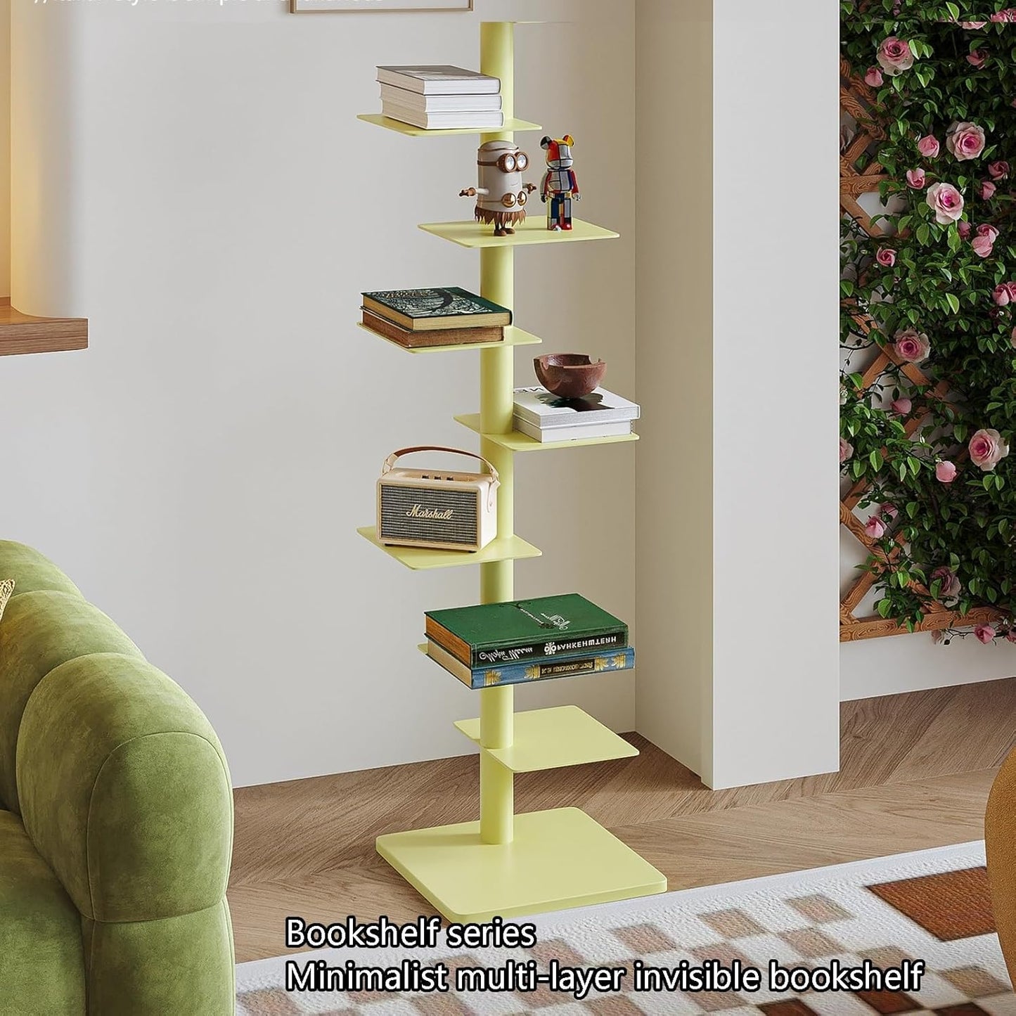 SEIFE Multipurpose Vertical Bookshelf for Home, Metal Bookshelf Tower,Modern Open Bookshelf,Tall Vertical Bookcase,Ideal Book Invisible Floating Bookshelf,Multipurpose Storage Rack(Dark Green)