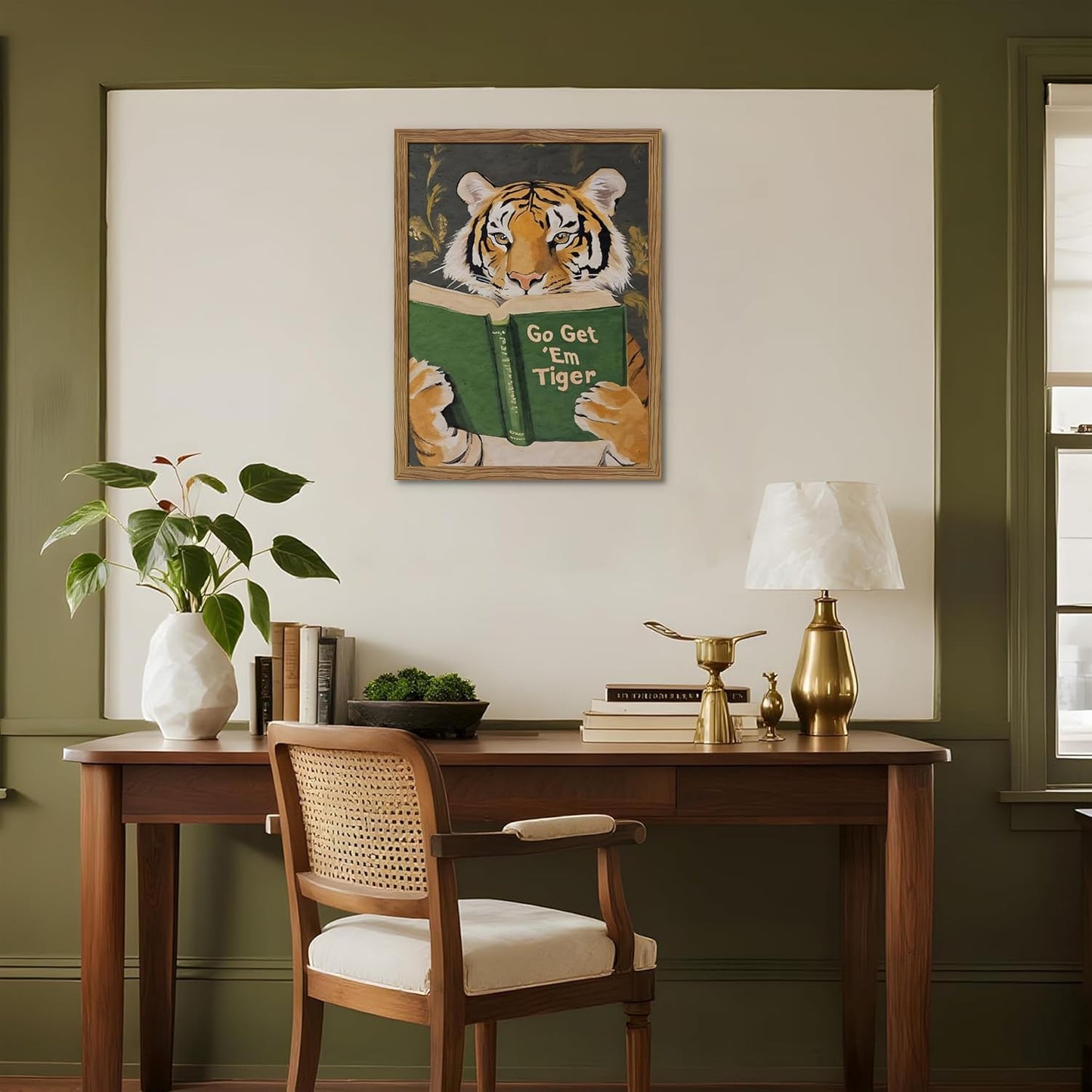 Framed Tiger Canvas Wall Art, Motivational Tigers Reading Poster Print, Humorous Bookworm Pictures Wall Decor, Vintage Go Get Em Tiger Painting for Office Library Bedroom Decor 12x16 inch