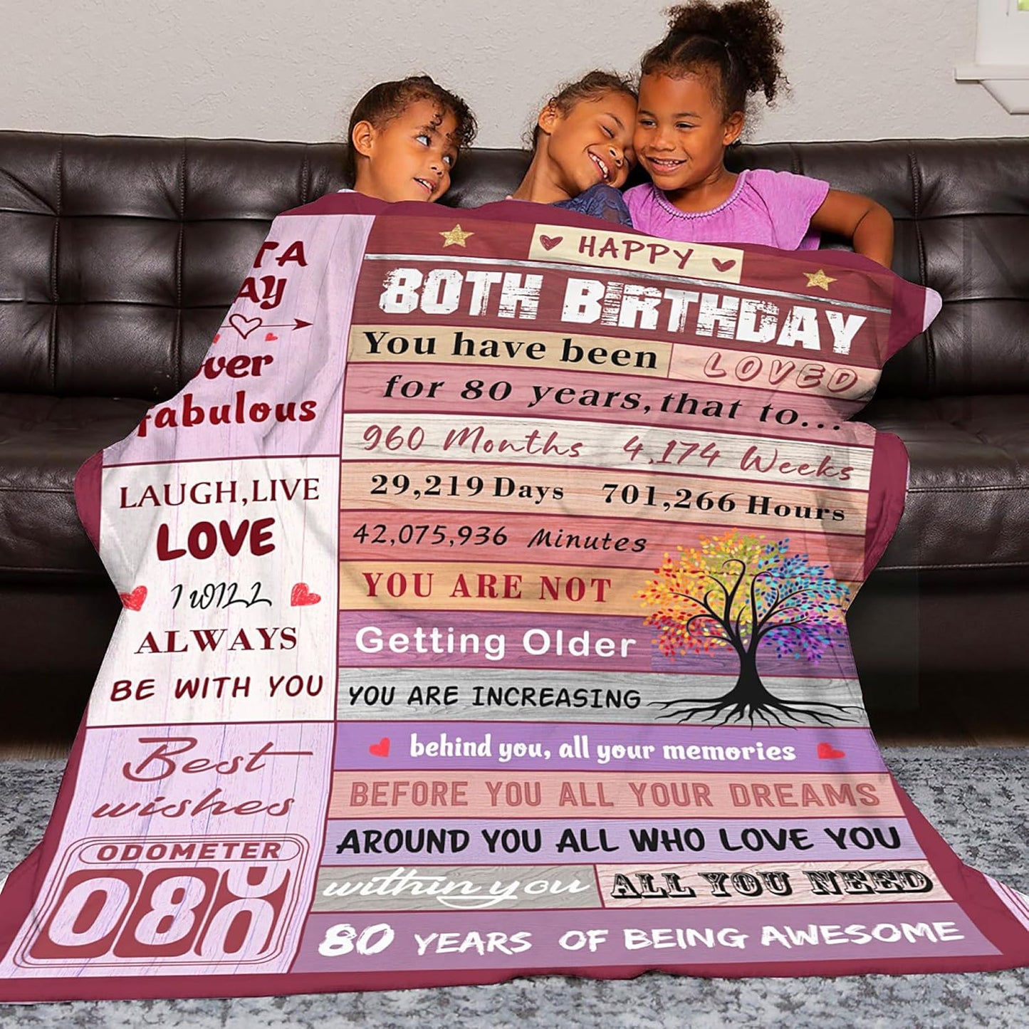 80th Birthday Gifts for Women Blanket, Happy 80th Birthday Gifts for 1945 Women, Colorful Tree Blanket Gift for 80 Year Old Woman, Soft Comfy Warm Plush Flannel Blanket for Sofa Couch Bedroom 60"X50"