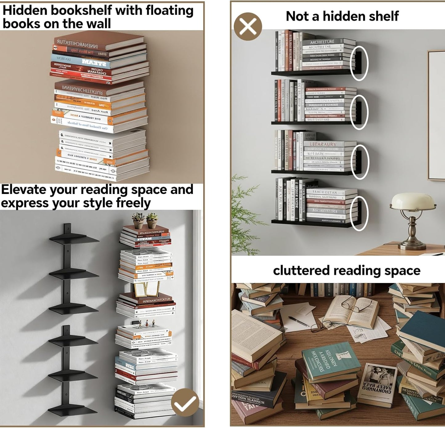 Invisible Floating Bookshelf for Wall Mounted, 2 Pack Black Spine Book Tower, 6 Tier Vertical Book Organizers, Heavy Duty Floating Book Shelves – No Assembly Required, for Office, Bedroom, Kids Room