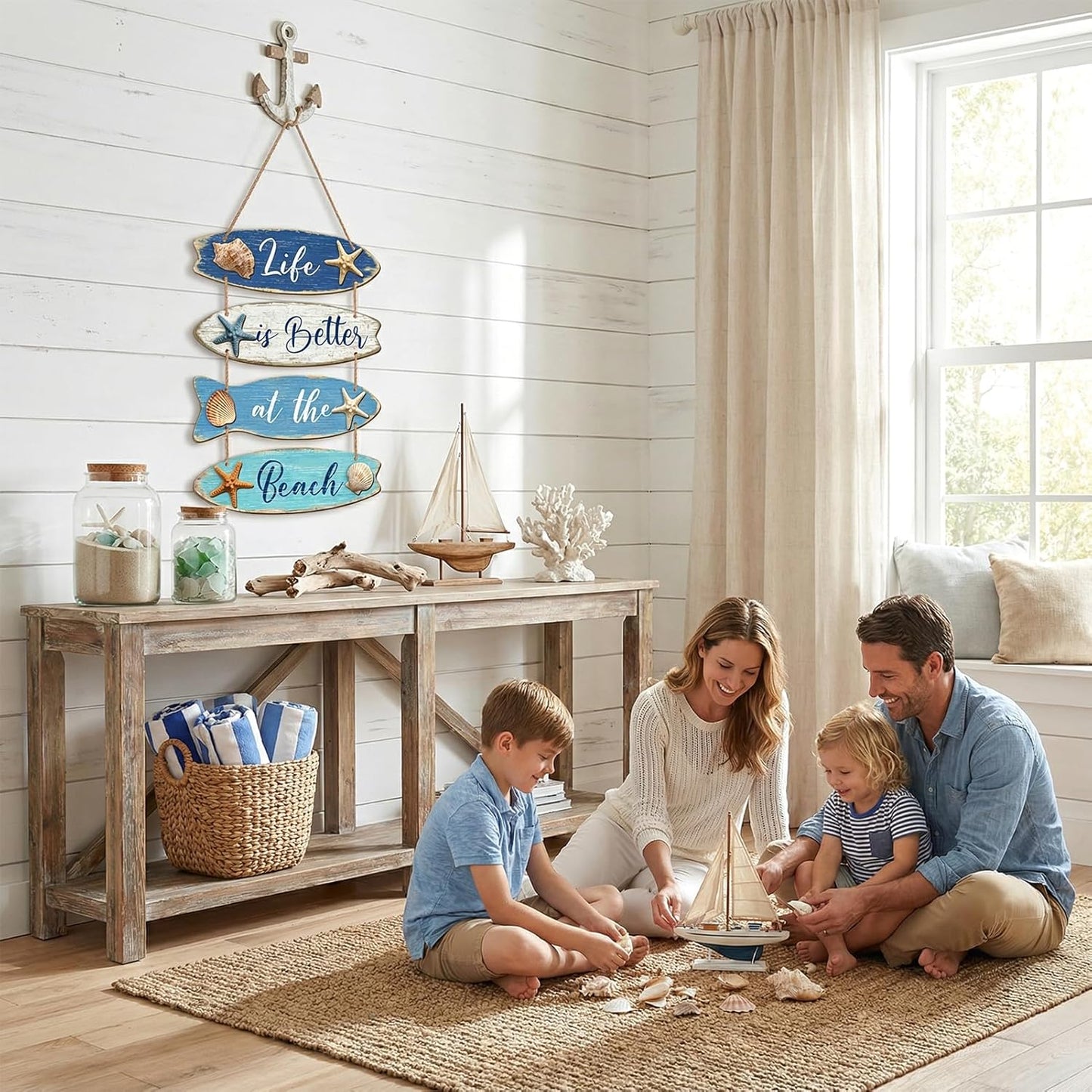 Summer Beach Wooden Wall Decor Farmhouse Coastal Bathroom Wall Art Room Decor Blue Nautical Wooden Hanging Sign Decorations for Bedroom Bathroom Office Home Signs Living Room Door Decorations