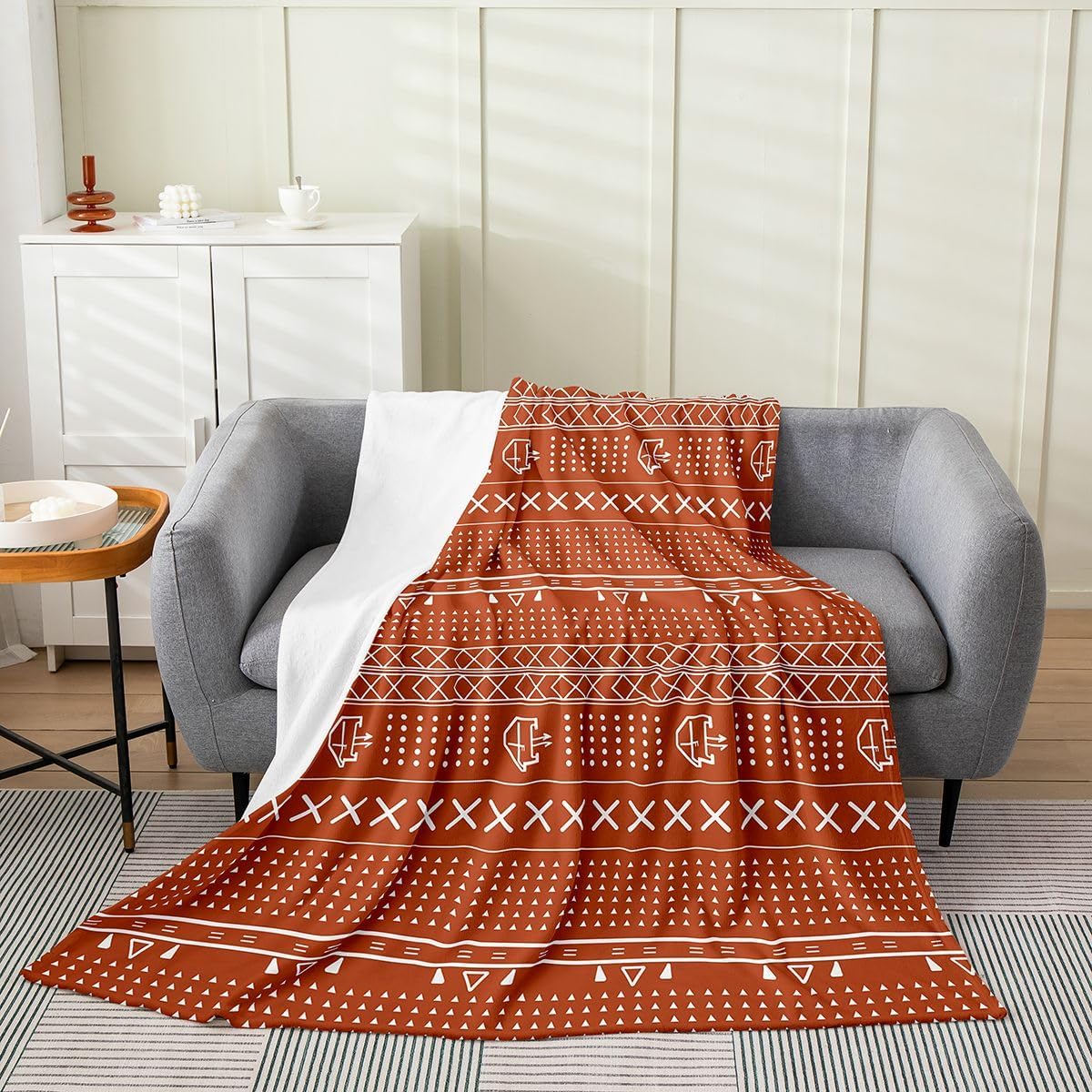 Exotic Geometric Throw Blanket Ethnic African Inspired Boho Plush Blanket for Women Men Soft Rusty Red Stripe Line Fleece Blanket Arrow Fuzzy Blanket Room Decor Flannel Blanket Throw 50"x60"