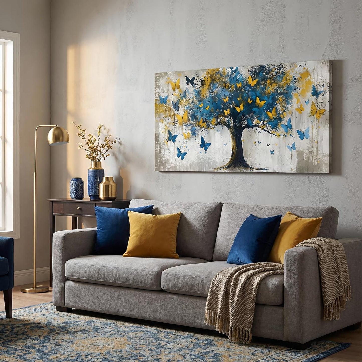 Tree Of Life Canvas Wall Art Vibrant Flower Tree Wall Decor Picture Modern Panoramic Butterfly Poster Print Artwork for Living Room Bedroom Bathroom Office Home Paintings Decoration Prepare To Hang