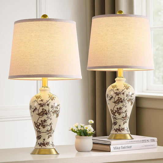 RORIA 24" Chinoiserie Ceramic Small Table Lamps Set of 2 for Living Room, Bird Pattern Branch Traditional Table Lamp for Bedroom Nightstand Entryway, 2 LED Bulbs Included