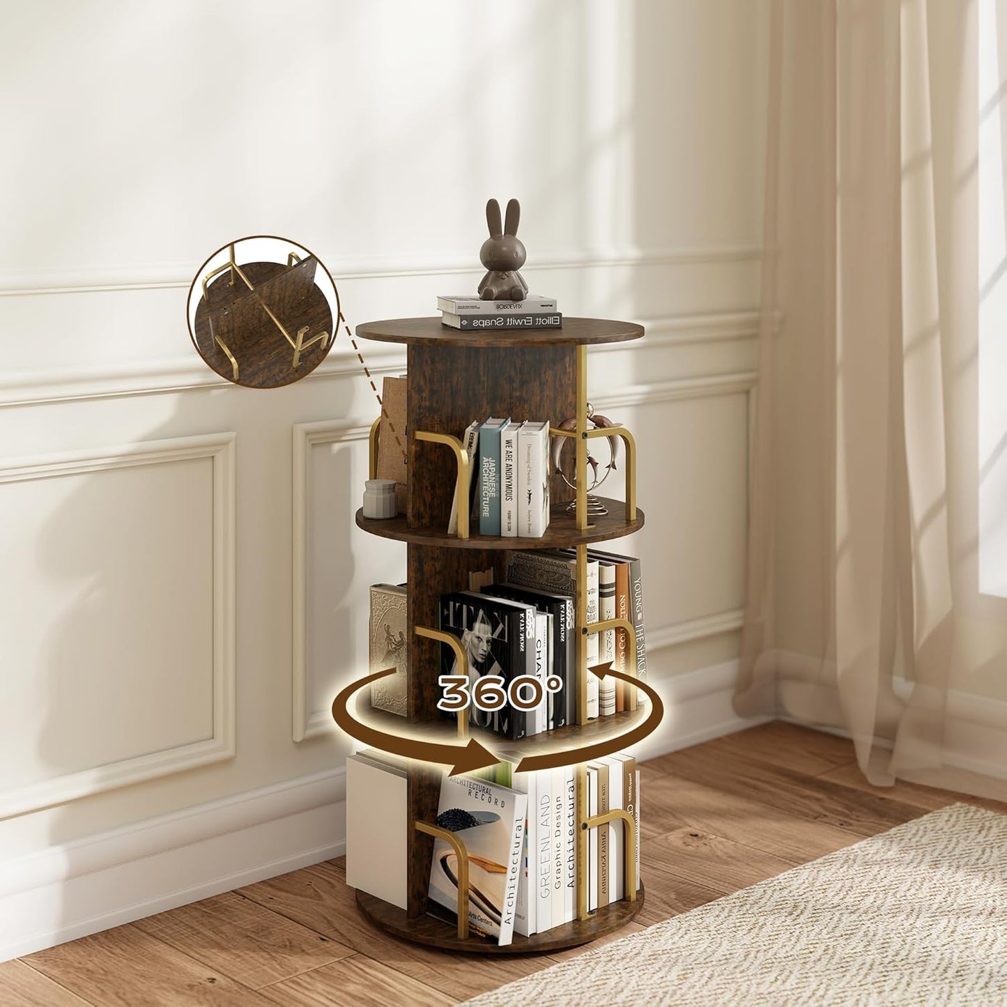 Manora 360° Rotating Spinning Bookshelf Tower, 3 Tier Round Bookcase with Storage Organizer and Display Shelves, Corner Space-Saving Rotating Book Shelf for Living Room, Bedroom, Office, Gold