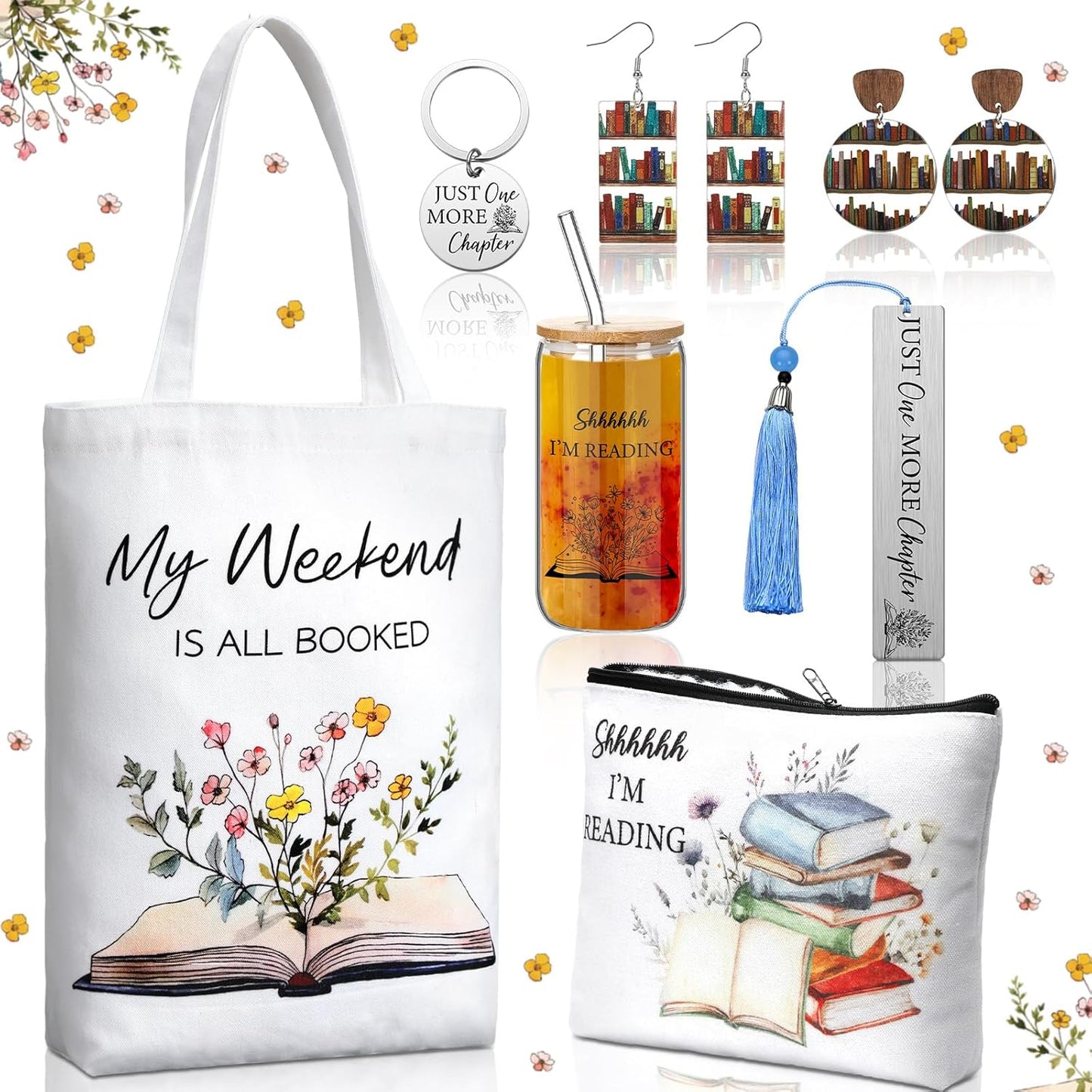 7 Pcs Book Lovers Gifts Set Book Makeup Bag Earrings Metal Bookmarks Keychain Glass Cup for Reader Gifts Accessories