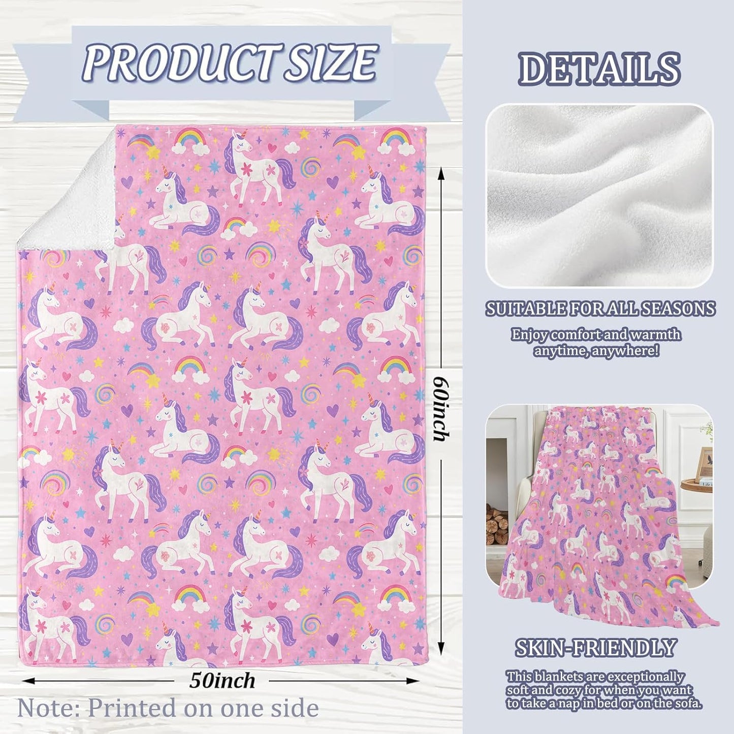 Fantasy Unicorn Magical Rainbow Blanket, 60 x 50 Inch Flannel Cartoon Design Throw Blanket, Gifts for Women Girls Adults Kids, Lightweight Cozy Warm Blankets for Sofa Travel Home Decor