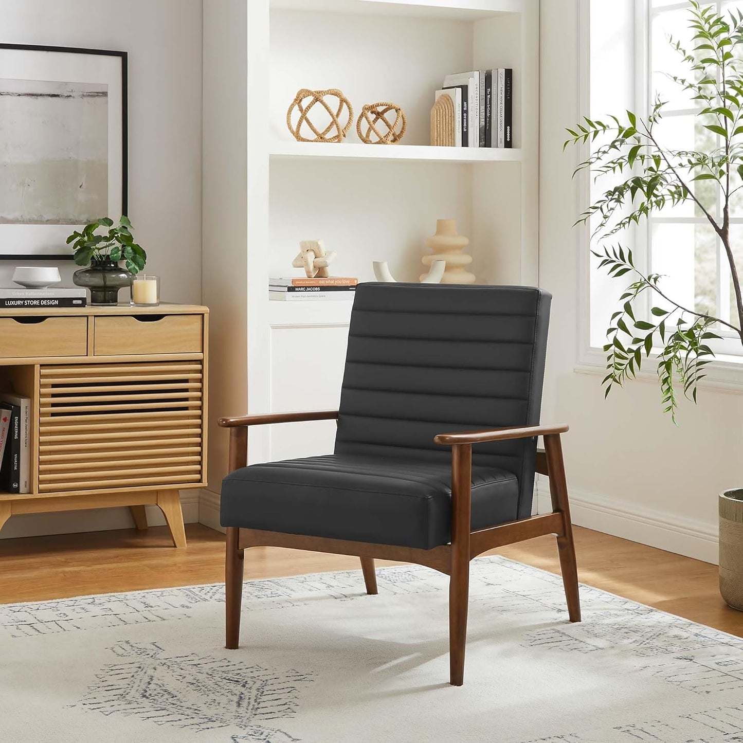 Modway Jensen Vegan Leather Accent Chair in Walnut Black - Mid-Century Modern Armchair with Solid Wood Legs & Armrest - Upholstered Faux Leather Single Side Chair - Reading Chair for Living Room