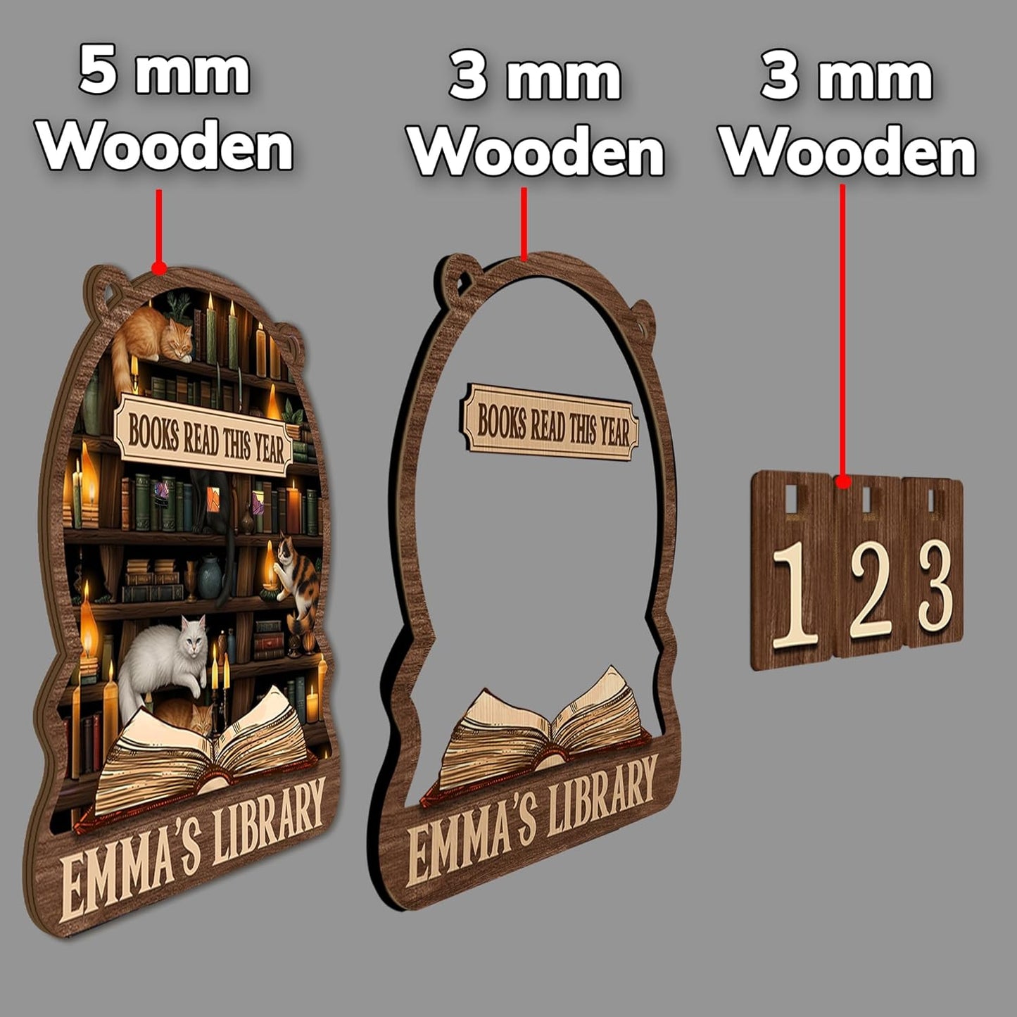 Books Read This Year Counter, Wooden Books Accessories for Book Shelf Decor, Books Reading Tracker Sign with Hanging Chain & Table Stand, Gifts for Book Lover, Reading Challenge Library Bookish Decor