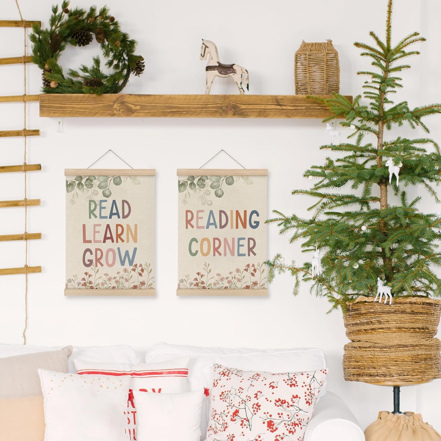 MAQIKA Boho Reading Corner Decor Poster Framed with Wood Hanger Set of 2, Playroom Wall Decor, Read Sign Hanging Wall Decor,Wildflower Nursery Canvas Wall Art Paints for Playroom Classroom 12x16 Inch