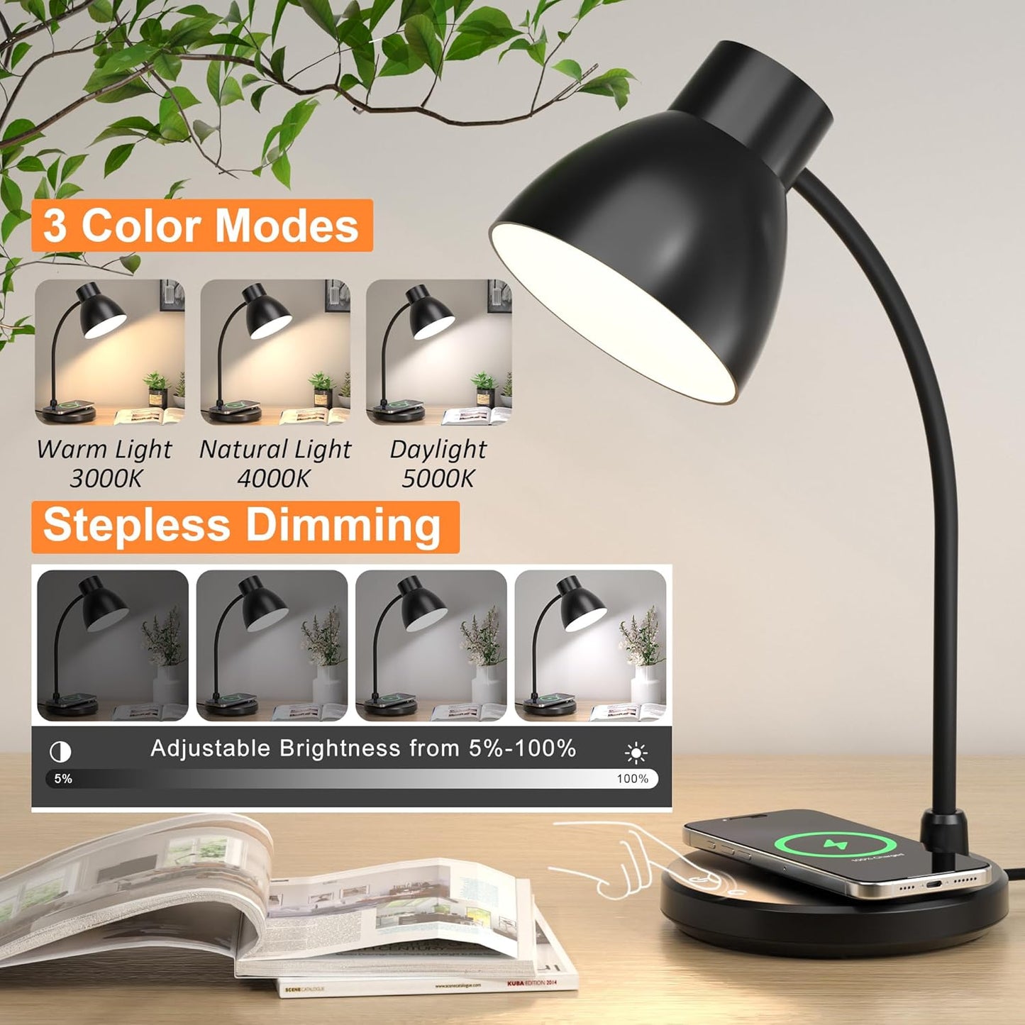 Desk Lamps for Home Office - LED Desk Lamp with Wireless Charger, 3 Color Modes Dimmable Eye-Caring Study Reading Desk Light, Small Flexible Arm Table Lamp for College Dorm Room Bedside, Black
