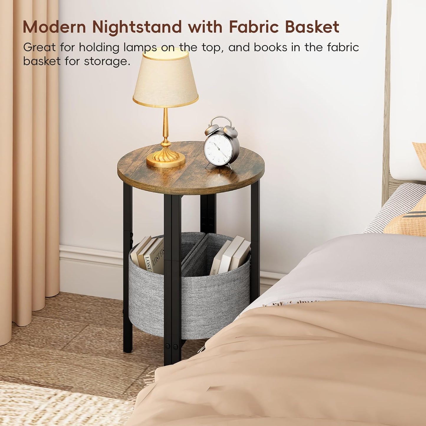 Vagusicc Small Round Side Table, Accent End Table with Storage Basket, Set of 2 Half Round Coffee Table End Table, Half Moon Bedside Table, Modern Nightstand Couch Table for Living Room Bedroom, Brown