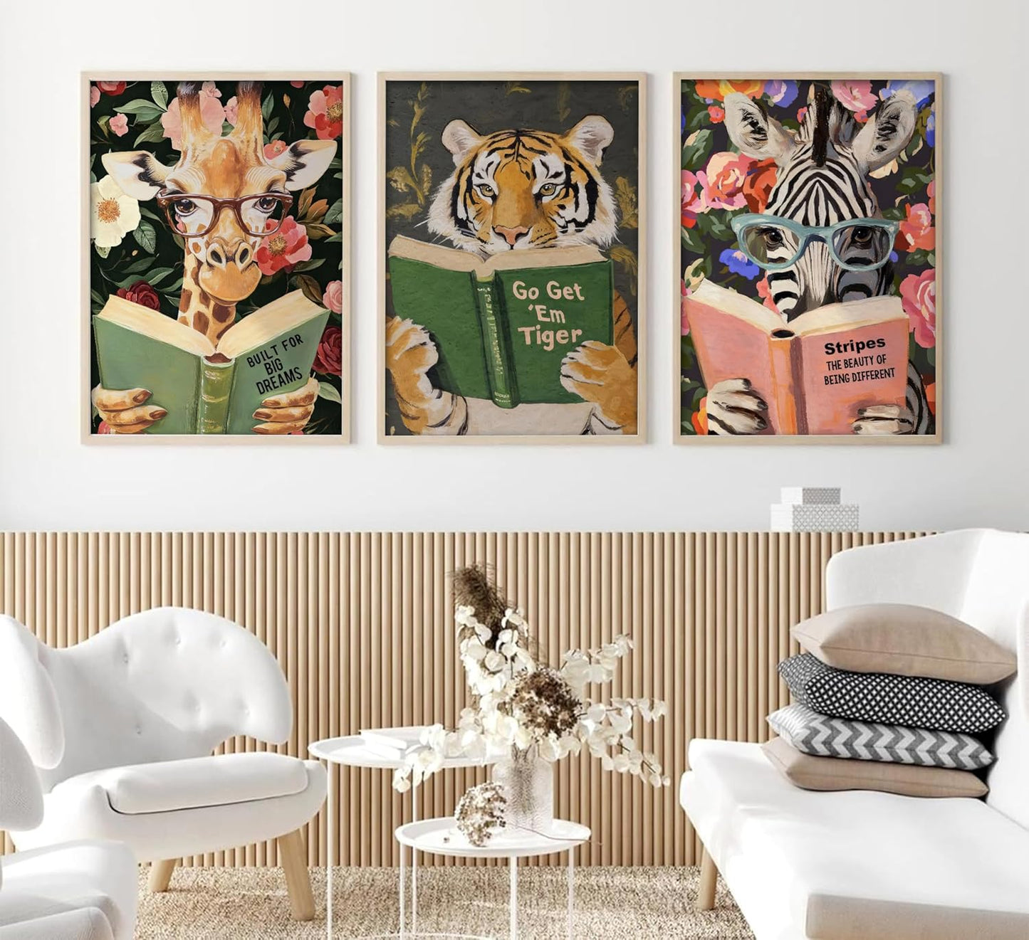 Funny Whimsical Animal Wall Art Motivational Tiger Giraffe and Zebra Reading Book Pictures Nursery Decor Humorous Bookworm Posters Literary Animal Print Artwork for Library Office Study, Unframed