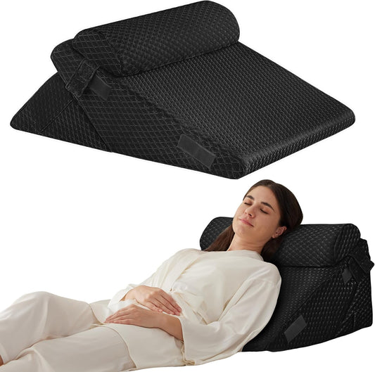3PCS Wedge Pillow Set for After Surgery, Adjustable 9&12 Inch Bed Wedge Pillow for Sleeping, Incline Pillow Wedge for Headboard, Post Surgery, Acid Reflux, Neck&Back Support, Plush Black