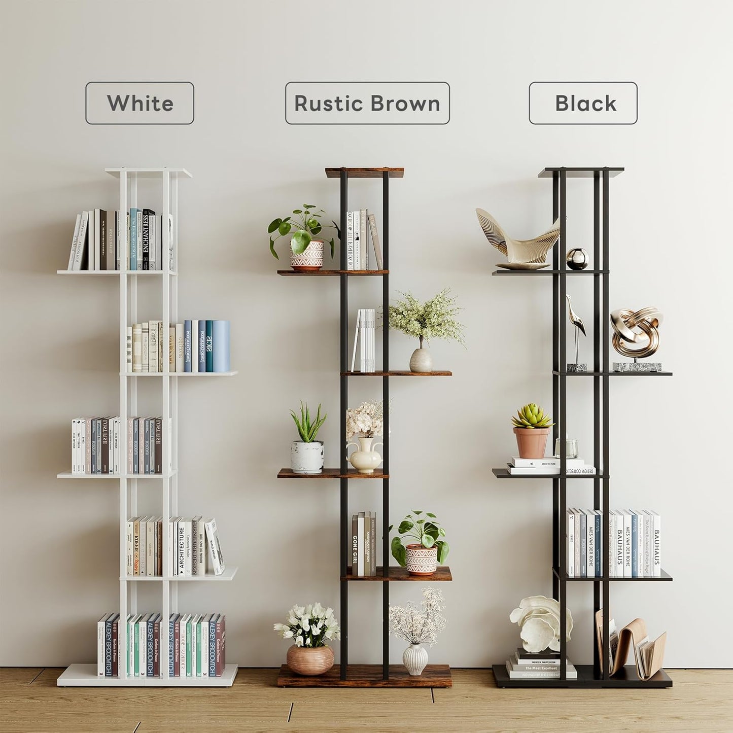 6 Tier Corner Bookshelf，Slim Open Bookshelf，Small Book Shelf for Small Spaces，Living Room, Home Office, 9.45 x 20.8 x 62.2 Inches,（1PC+Rustic Borwn