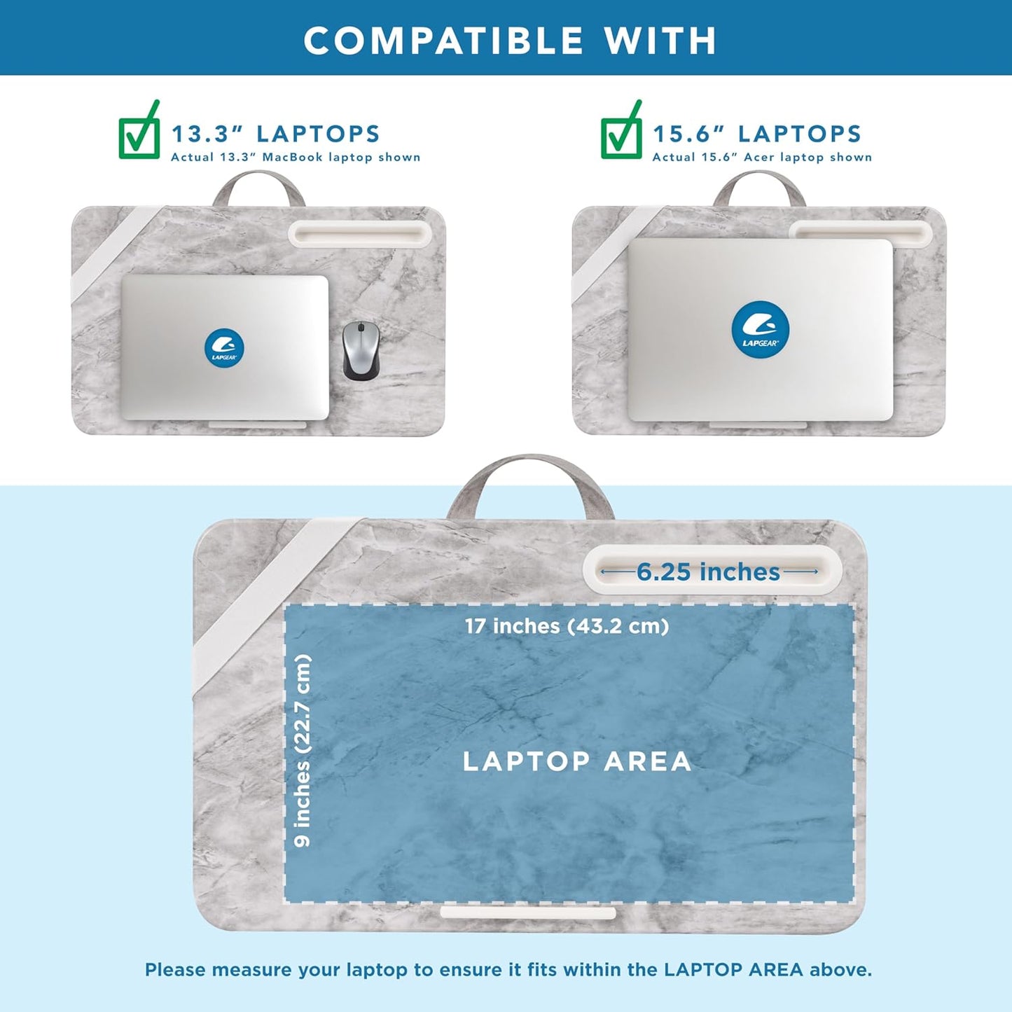 LAPGEAR Elevation Lap Desk with Device Ledge, Phone Holder, and Booster Cushion - White Marble - Fits up to 15.6 Inch Laptops - Style No. 87966