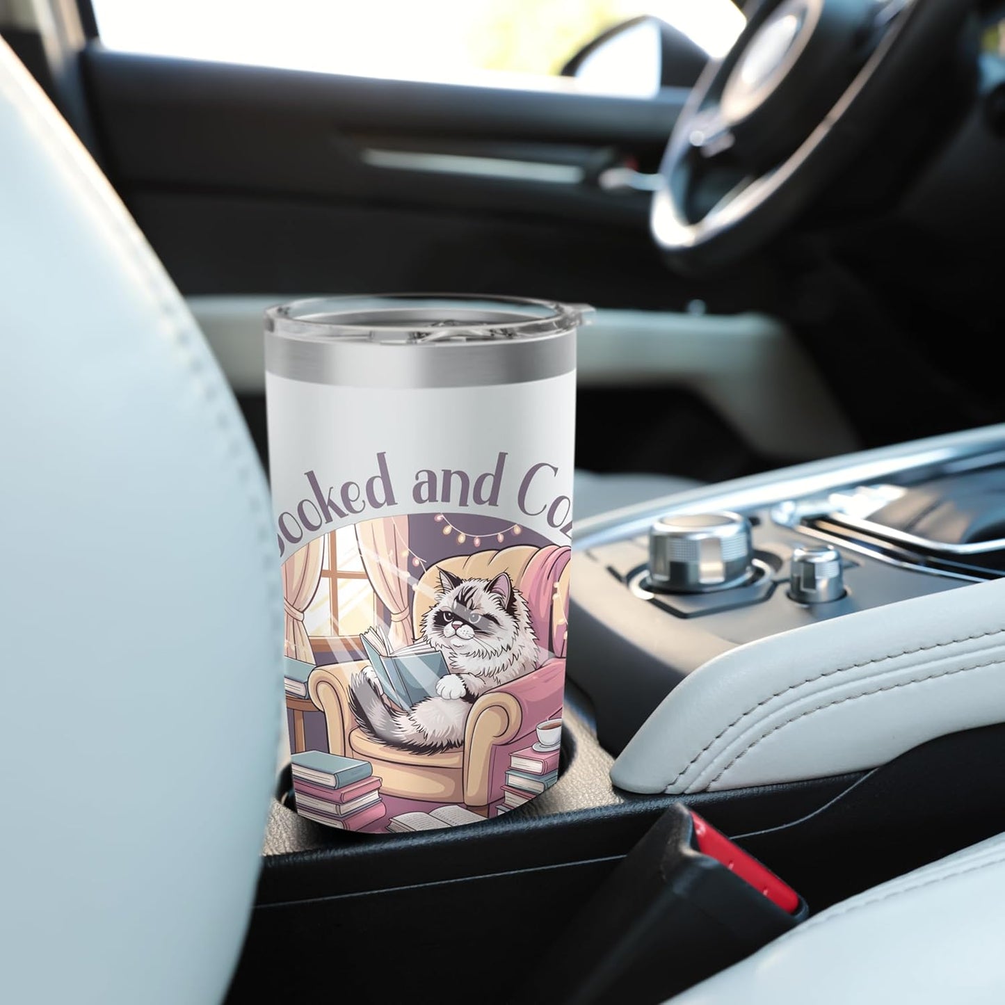 Booked and Cozy Cat Reading Bookworm Feline Reader Stainless Steel Insulated Tumbler