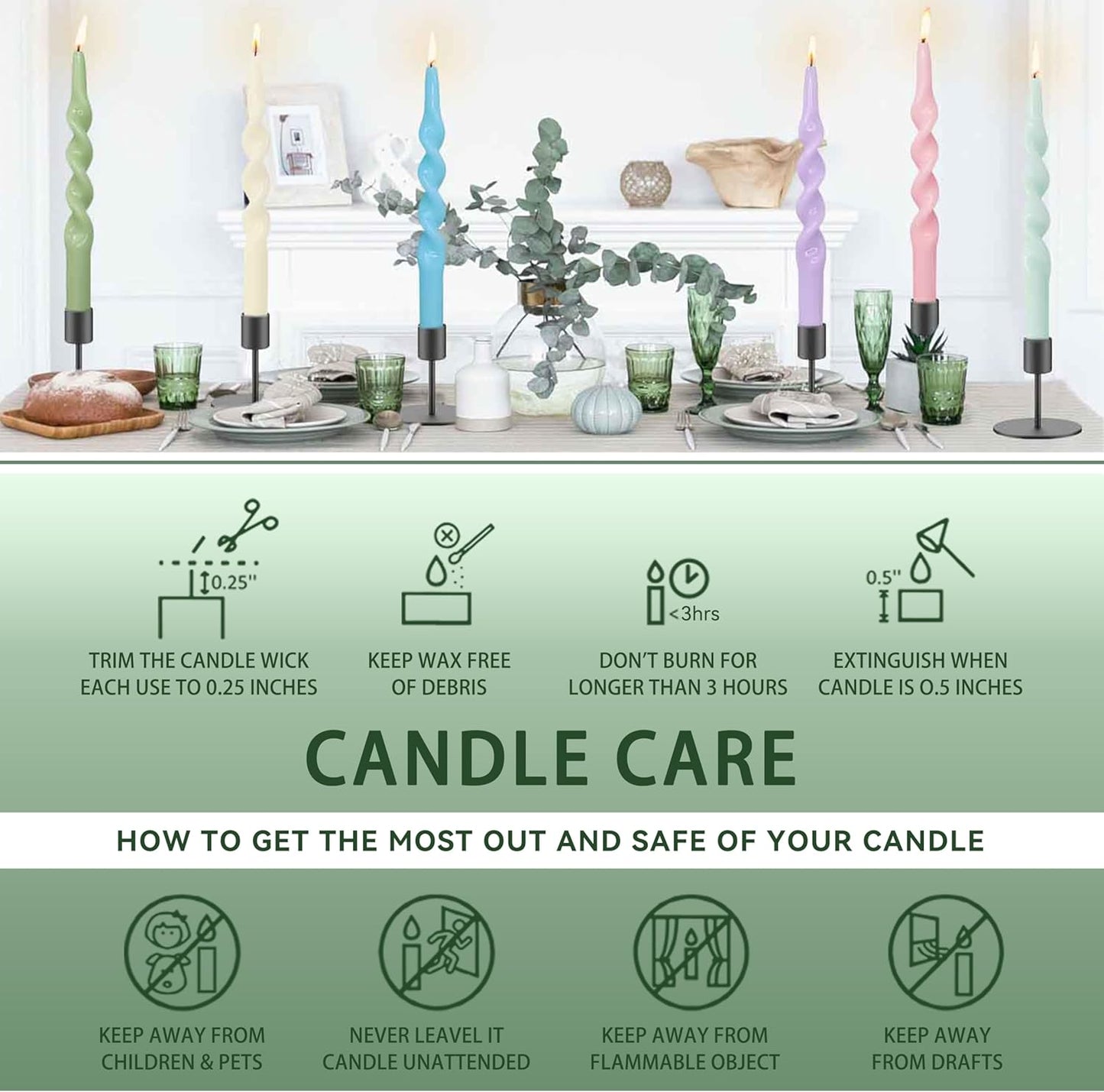 10 Inches Spiral Taper Candles Sticks Sage Green Twisted Candle Dripless Unscented Long Candles, Handmade Candlesticks for Wedding Dinner Decor, Set of 4