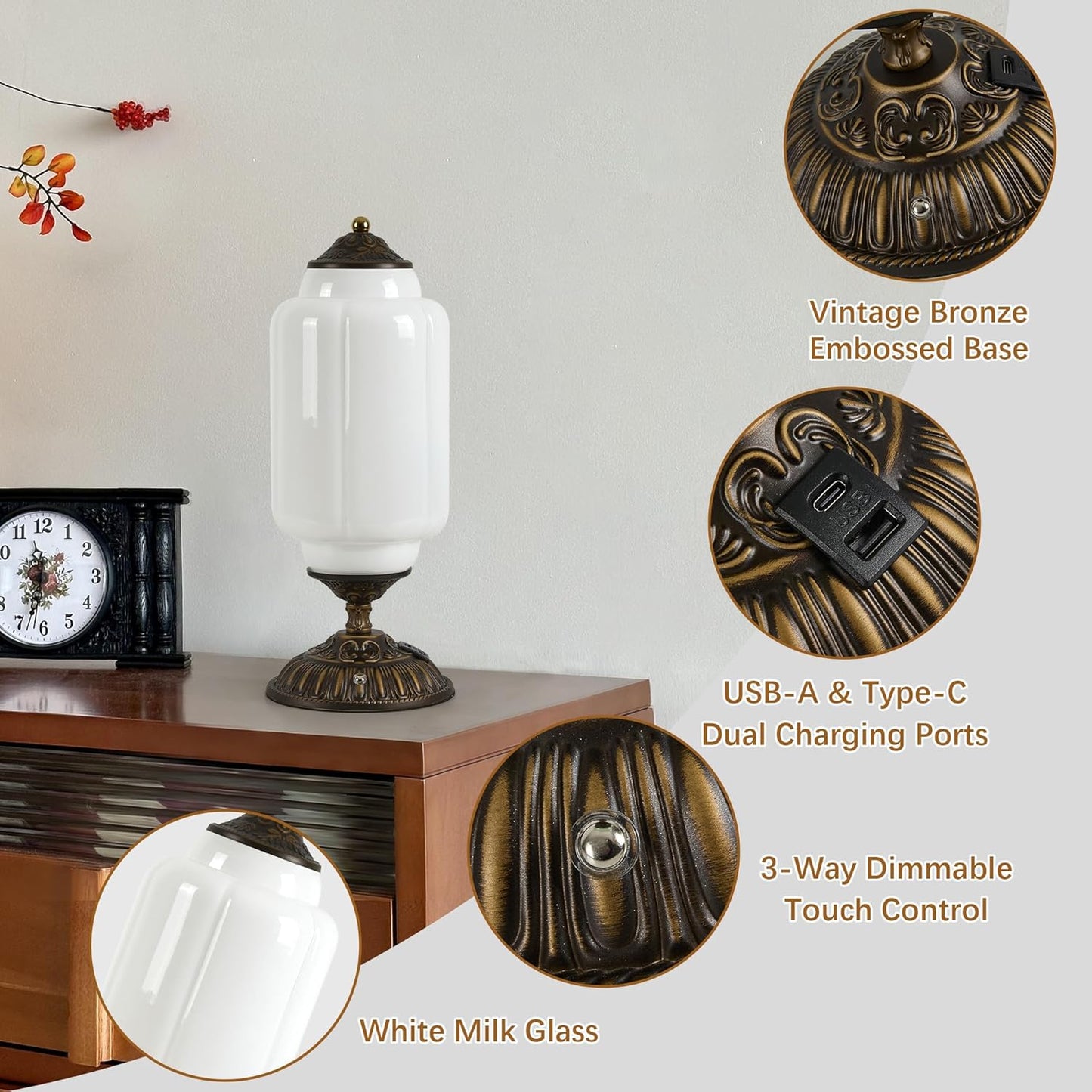 Vintage Milk Glass Table Lamp - 3 Way Dimmable Touch Control - White Bedside Lamps with USB C+A Charging Ports - Cute Art Deco Modern Living room End Table Lamp for Bedroom Nightstand Tabletop(Bulbx1)