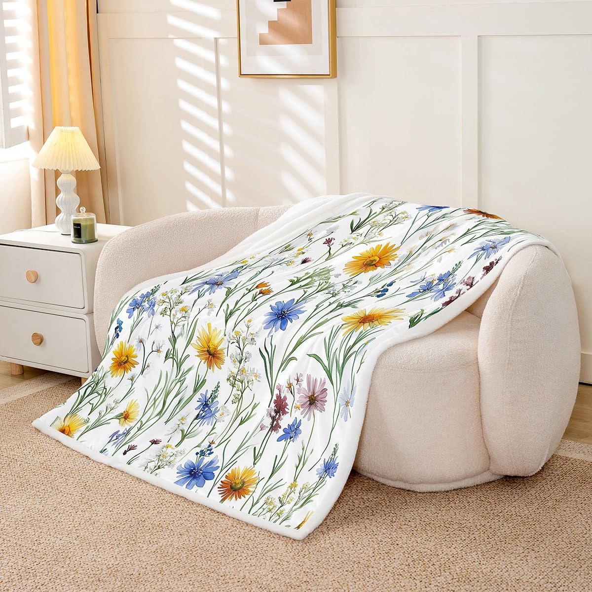 Watercolor Chamomile Plush Couch Blanket - Clover Fleece Throw - Decorative Botanical Floral Sherpa - Blossom Wild Flowers - Fuzzy Colorful Queen 90x90 Inch