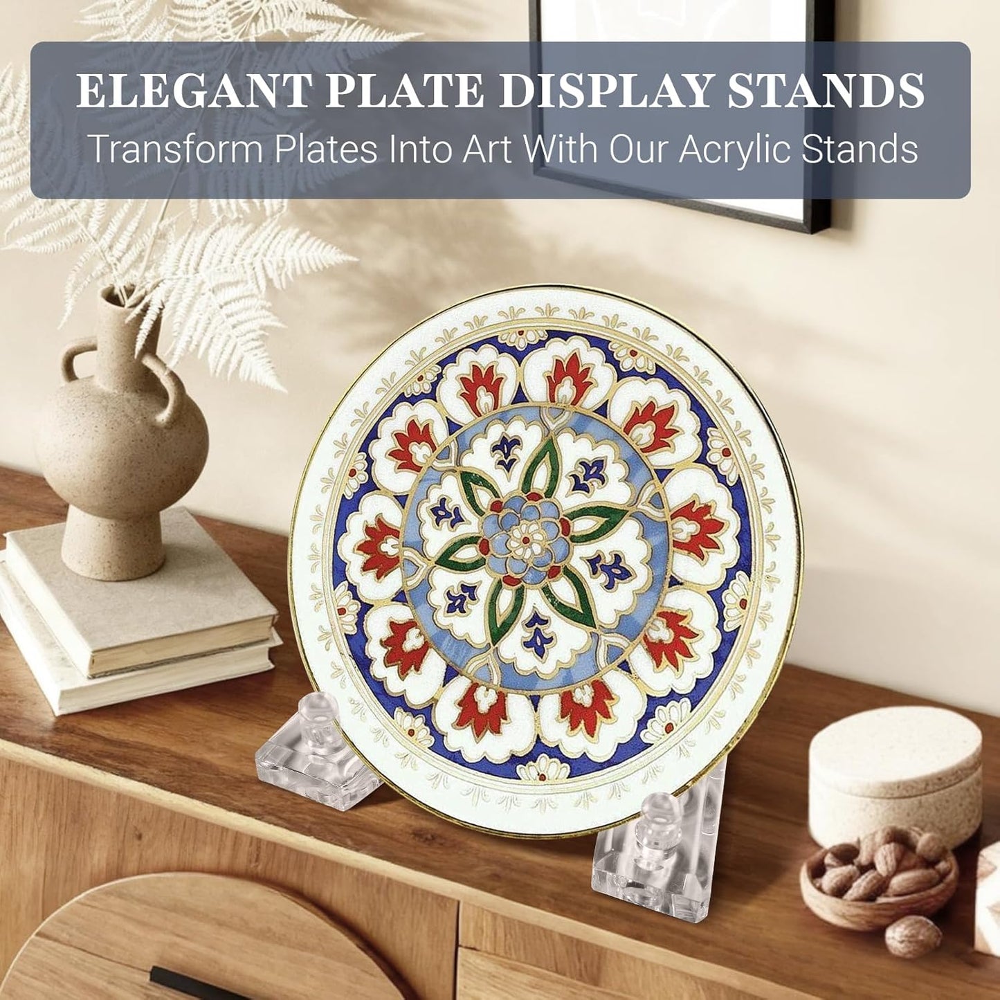 2 pack Acrylic plate holders for displaying, Adjustable dish display stand suitable for Display Plates Photos Holder Picture Frames or Other Items at Weddings, Birthdays, Home Decoration, Tables.