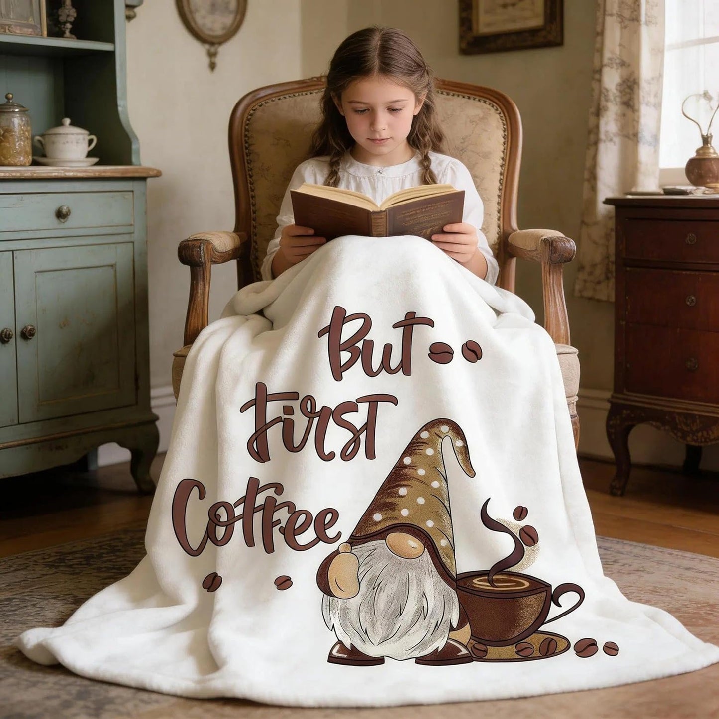 Coffee Gnome Blanket for Women, Gnomes Gifts for Women, But First Coffee Theme Blanket Gifts for Gnome Lover, Soft Lightweight Flannel Throw Blanket for Couch, 50x60 Inch