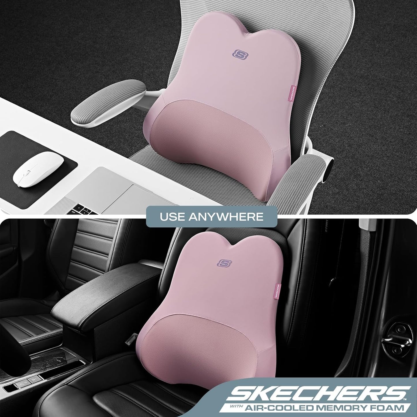 Skechers Air-Cooled & Memory Foam Lumbar Pillow,Lumbar Support Pillow for Office,Chair Lower Back Pain Relief Lumbar Pillow,Ergonomic Design Back Support Pillow for Office Chair,Car,Home,Travel,Pink