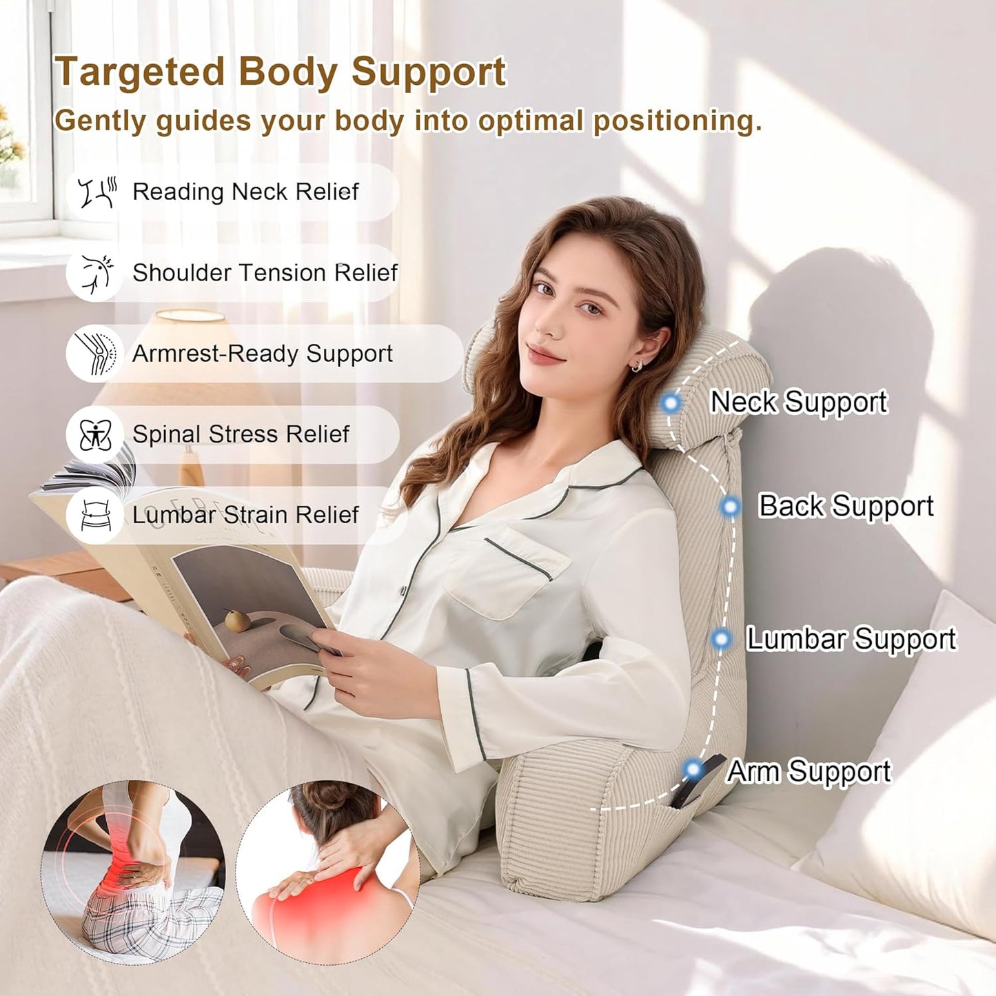 Reading Pillow for Sitting Up in Bed, Corduroy Backrest Pillow with Arms, Side Pocket & Washable Cover, Bed Rest Back Support for Adults, Teens & Kids, Dark Grey