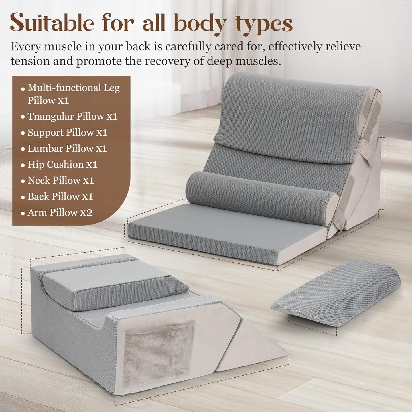 Redants 9PCS Orthopedic Bed Wedge Pillow Set, Wedge Pillow Set for After Surgery, for Sitting Up in Bed to Read, Watch TV, Use Laptop, Removable, Pain Relief from Back, Leg, and Neck Discomfort