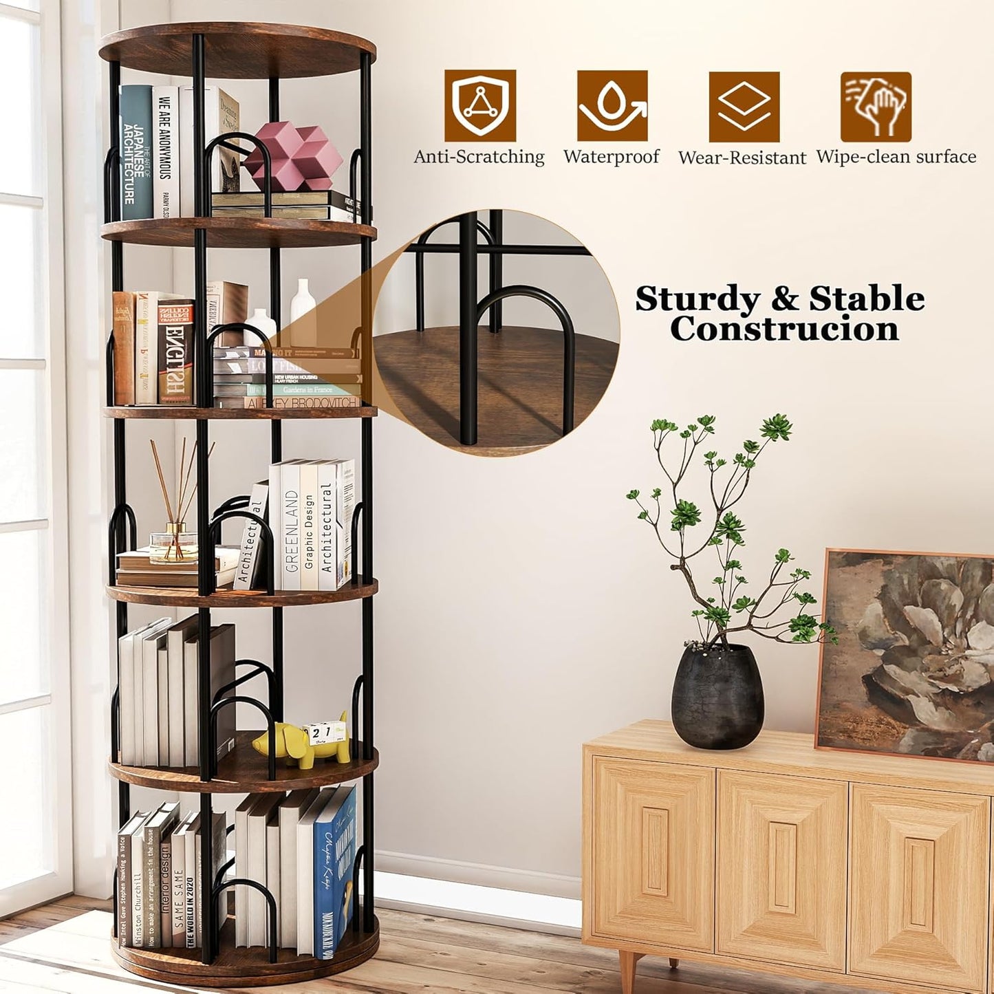 5-Tier Rotating Bookshelf, 360° Round Spinning Book Shelf Tower, Tall Skinny Wood & Metal Bookshelf for Corner/Office/Home, Modern Industrial Vintage Style