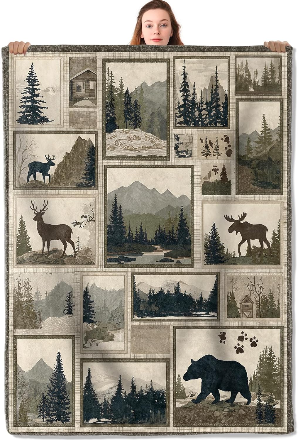 Wildlife Silhouette Flannel Blanket Forest Moose and Bear Design Lightweight Throw Blankets for Sofa Picnic Travel and Gathering Decorate All Season Use Farmhouse Style Gifts 50x60in