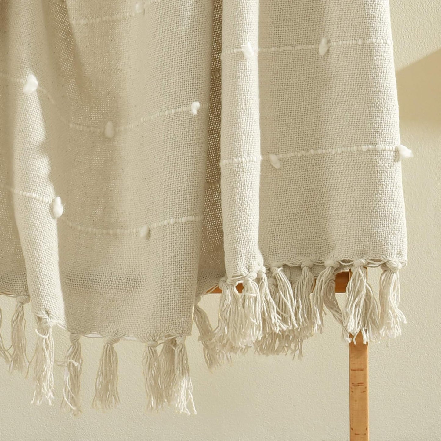 Lush Decor Boho Tufted Cotton Woven Tassel Fringe Throw Blanket Single 50" W x 60" L Neutral - Beige Throw Blankets for Bed - Couch Boho Blankets