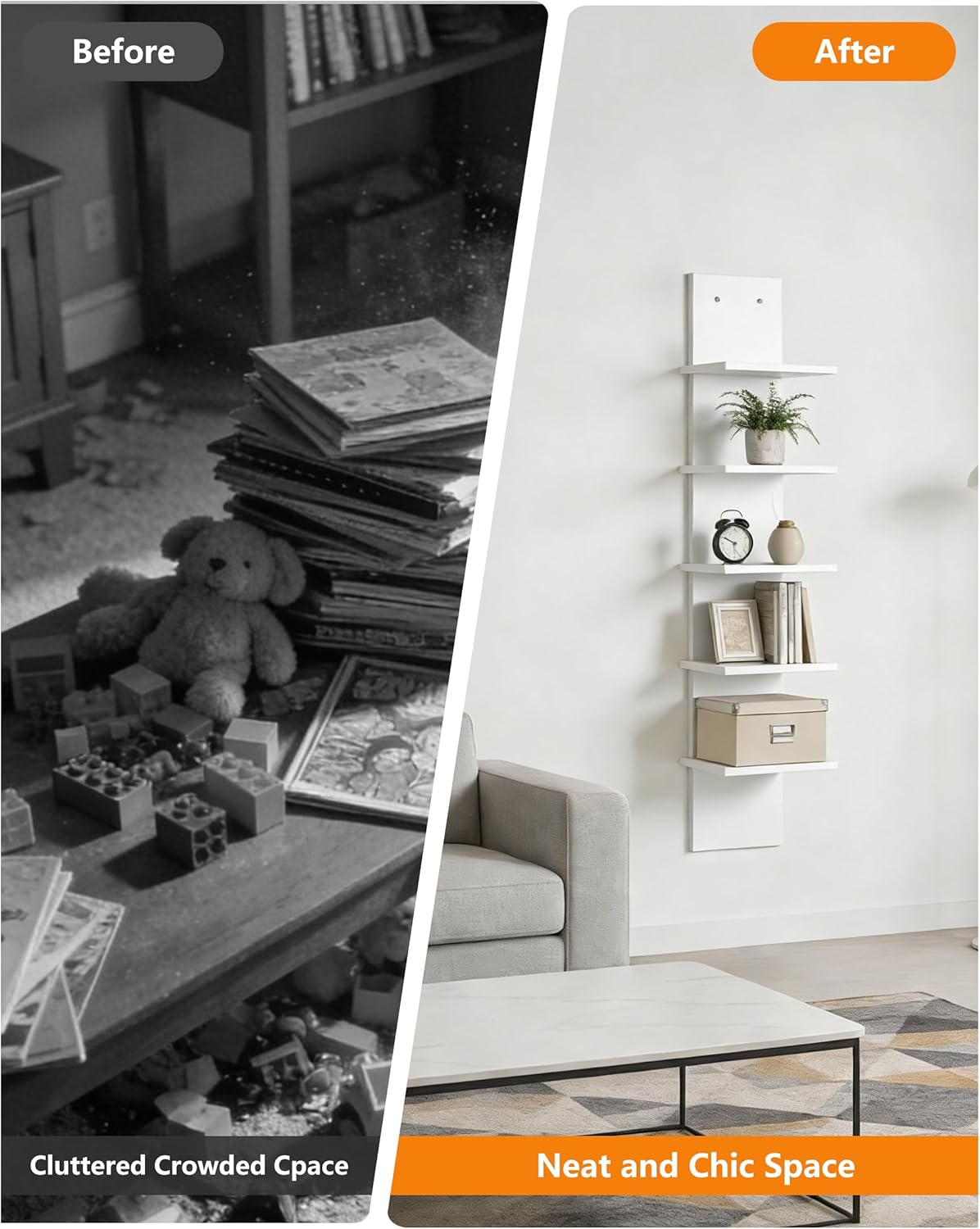 Ladder Shelf, 5-Tier Wall Mounted Bookshelf, Modern Simple Storage Rack,Easy to Install, for Living Room, Bedroom & Study, White