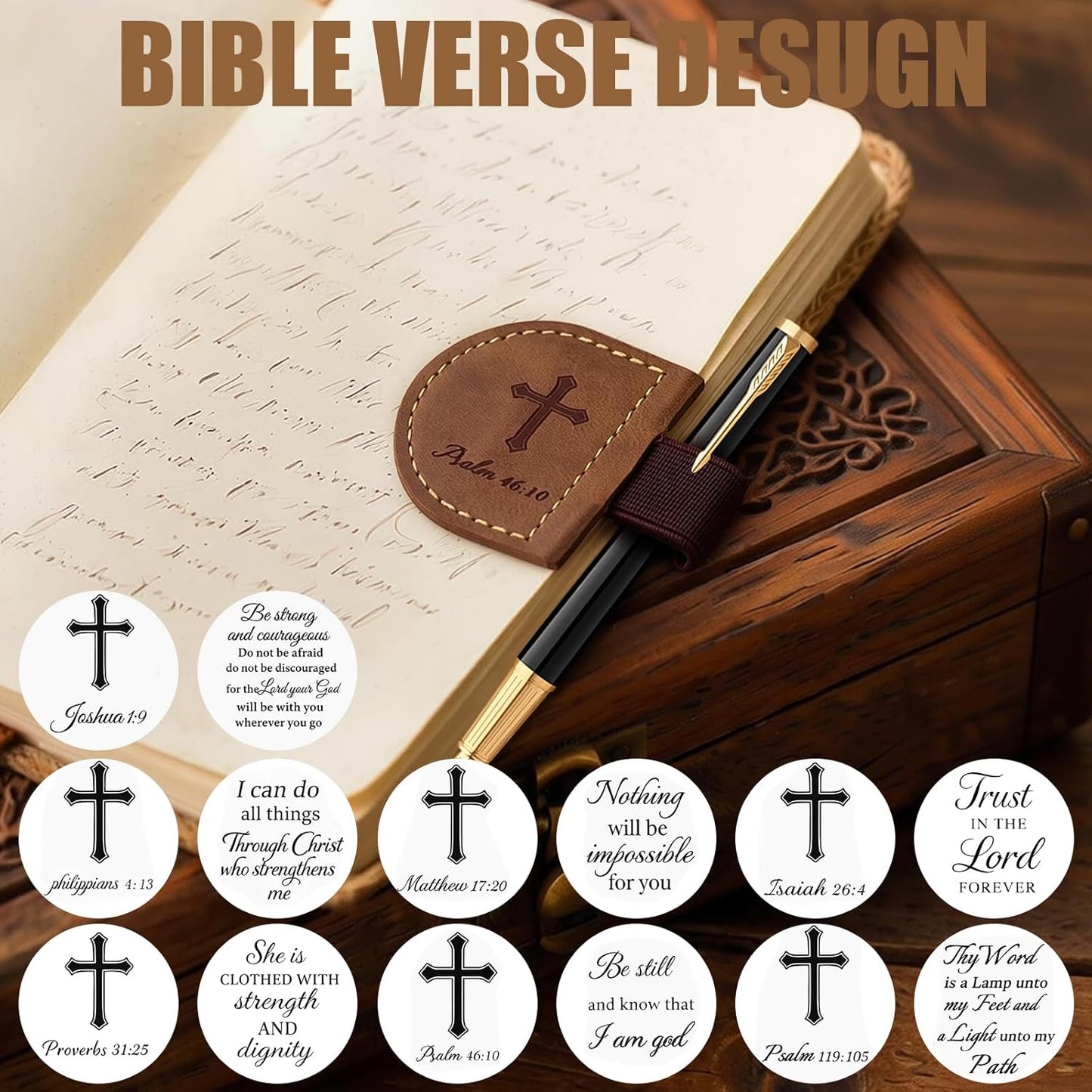 Bygone Mark Magnetic Leather Bookmark with Pen Holder - Bible Verse Design Bygone Mark Leather Bookmark, Inspirational Gifts for Christian Book Lovers Reading(Blue Joshua 1:9)