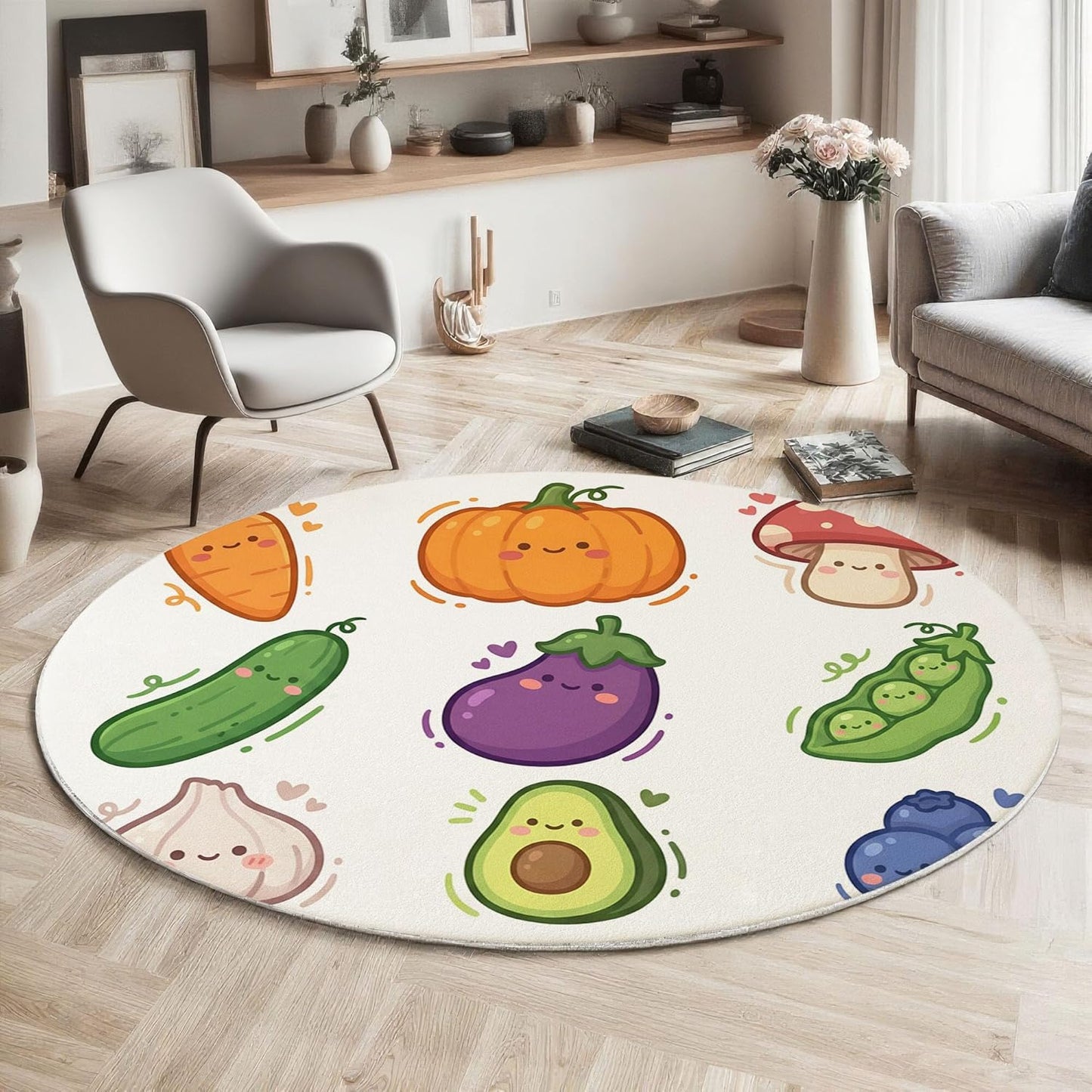 5Ft Round Washable Rug - Large Area Rug for Living Room Dining Room, Beige Soft Bedroom Carpet with Cute Smiley Face Vegetables Pattern, Cartoon Plants Décor, Low Pile Stain Resistant