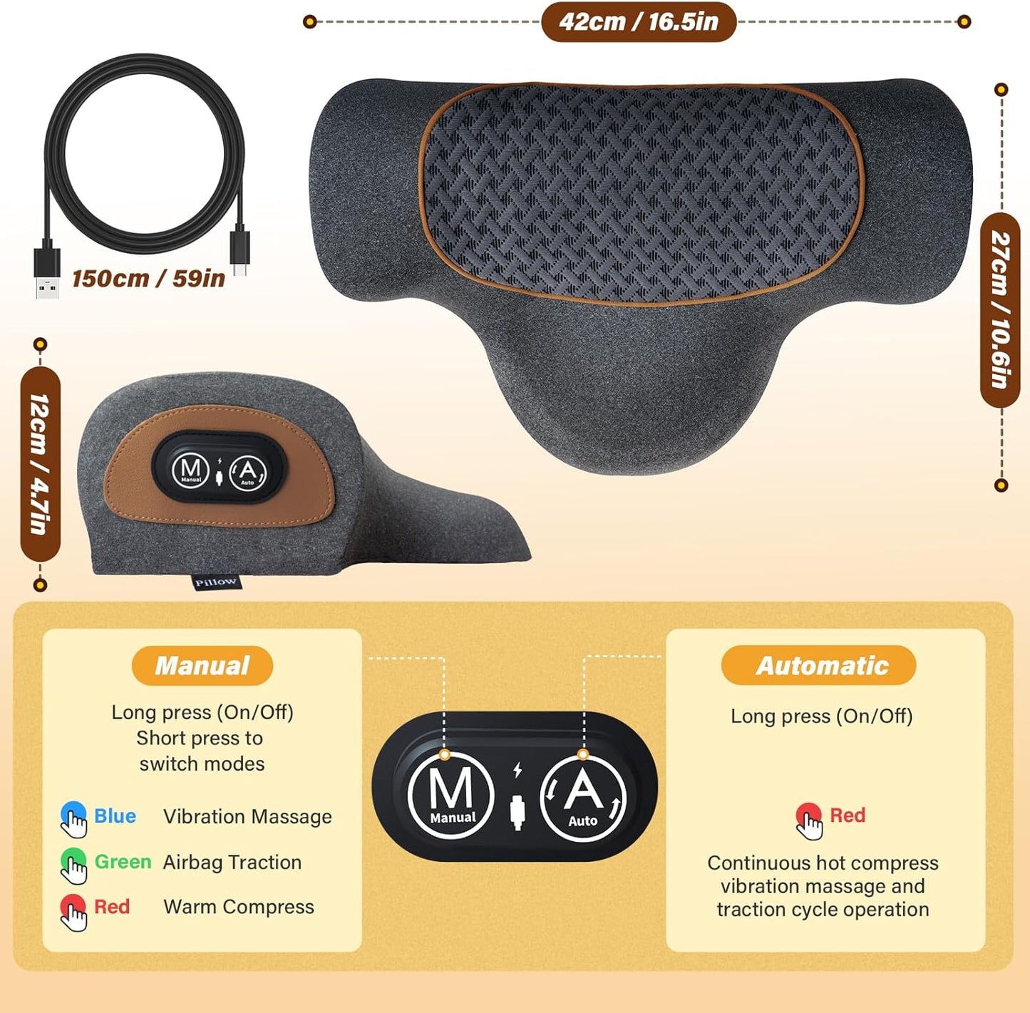 Rechargeable 3-in-1 Neck Massager Pillow with Heat,Vibration & Air Traction - Heated Neck Pillow Massage Hump Soothing Neck Relaxation, Posture Support & Stress Relief